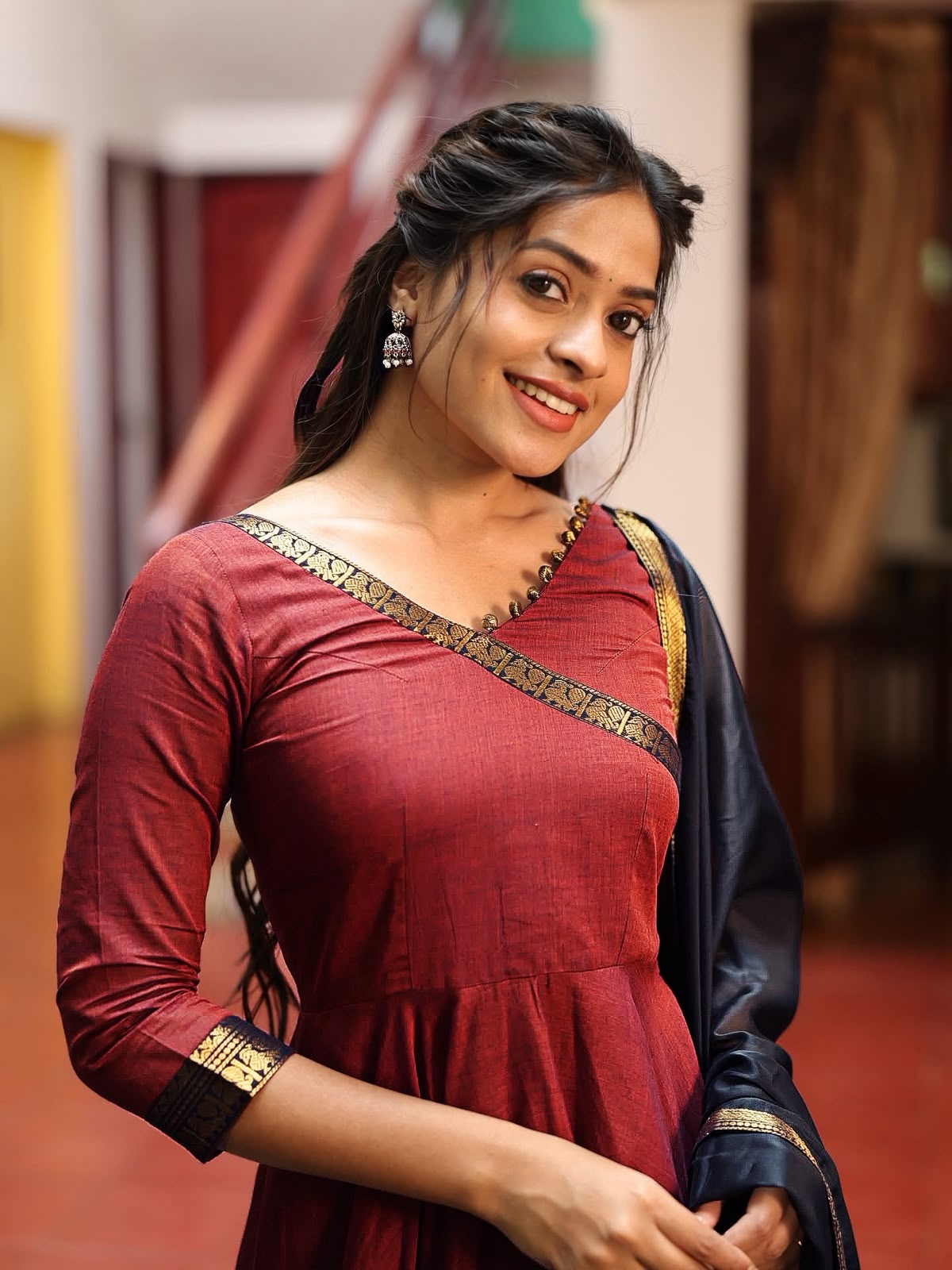 Women's Anarkali Gown in Wine Red Vichitra Silk with Jacquard Zari Weaving