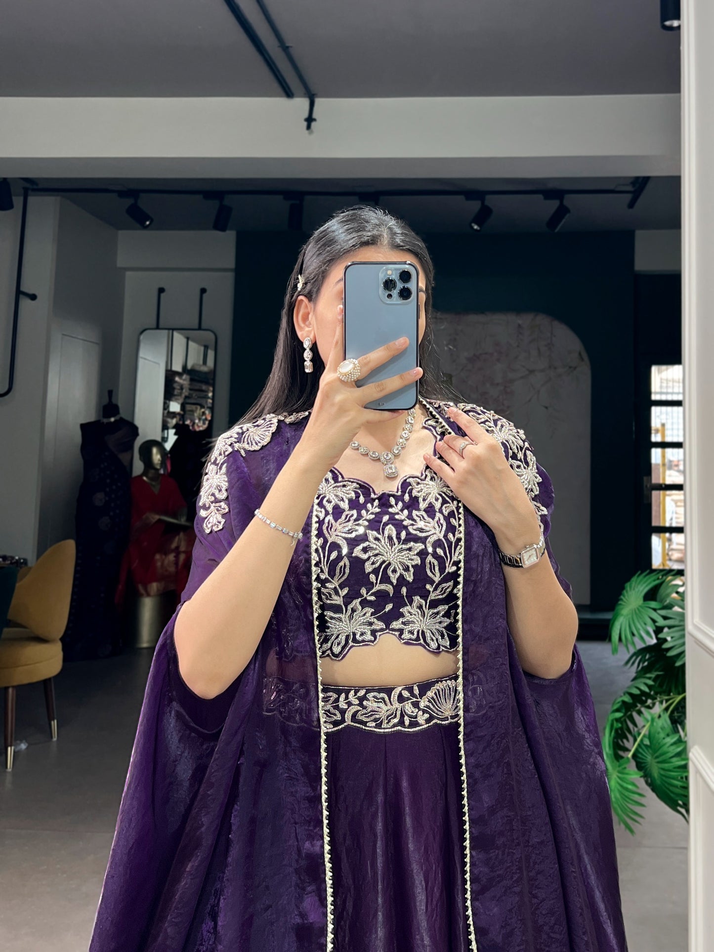 Women's Cape Style Lehenga in Deep Purple Fendi Silk with Beads, Sequins and Thread Embroidery