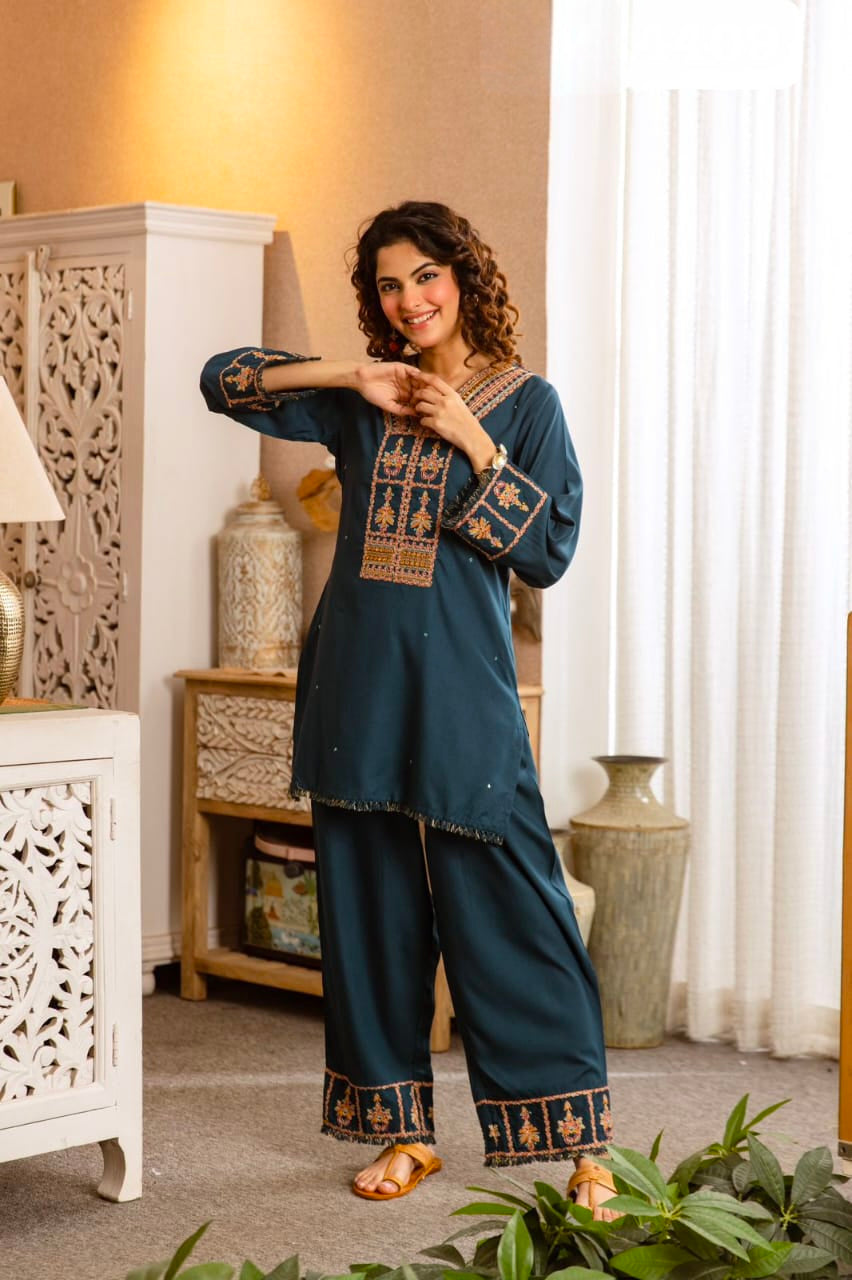 Women's Kurta Palazzo Set in Assorted Colors German Rayon with Embroidery