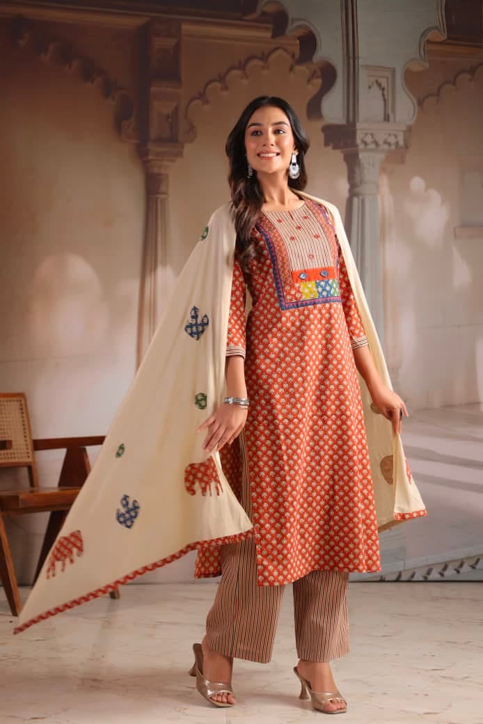 Women's Cotton Kurta Set in Assorted Colors with Embroidered Yoke