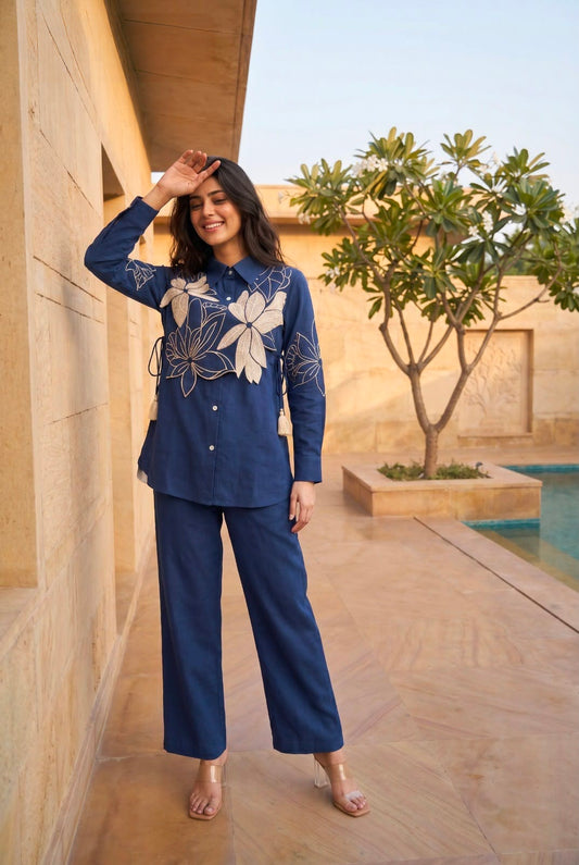Women's Cotton Cord Set in Assorted Colors with Floral Embroidery