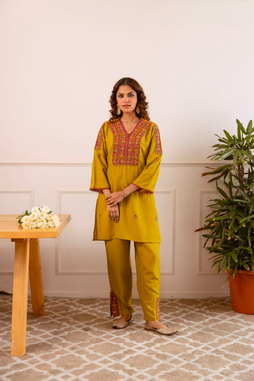 Women's Kurti Pant Set in Assorted Colors German Rayon with Embroidery