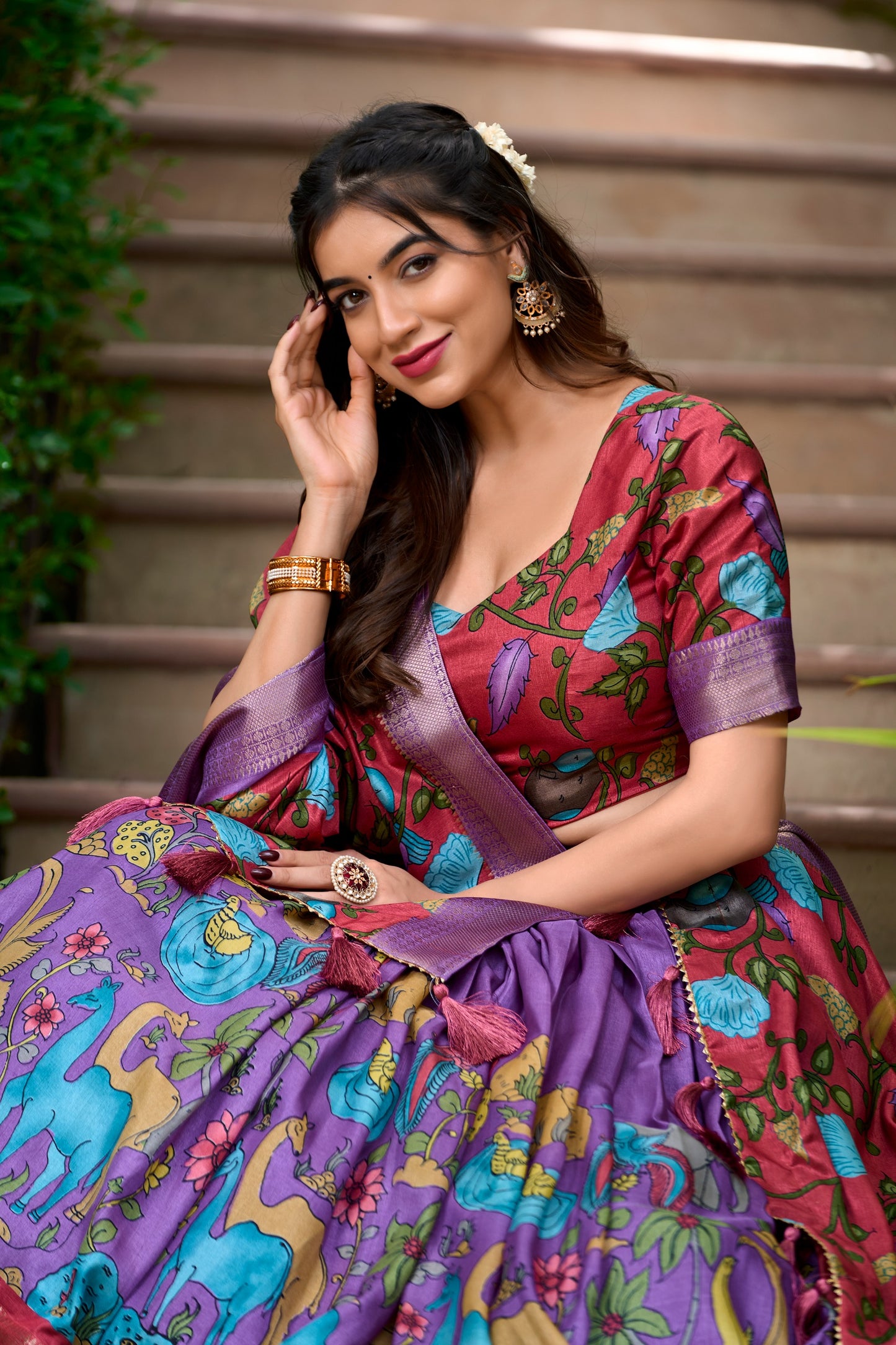 Women's Lehenga Choli in Lavender Dola Silk with Kalamkari Print and Zari Weaving Border