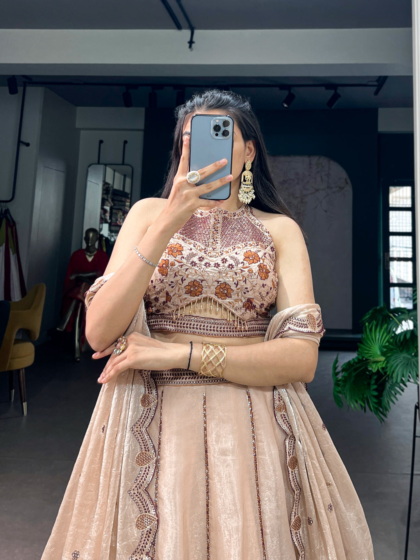 Women's Lehenga Choli in Champagne Beige Spider Crush Fabric with Sequins and Thread Embroidery