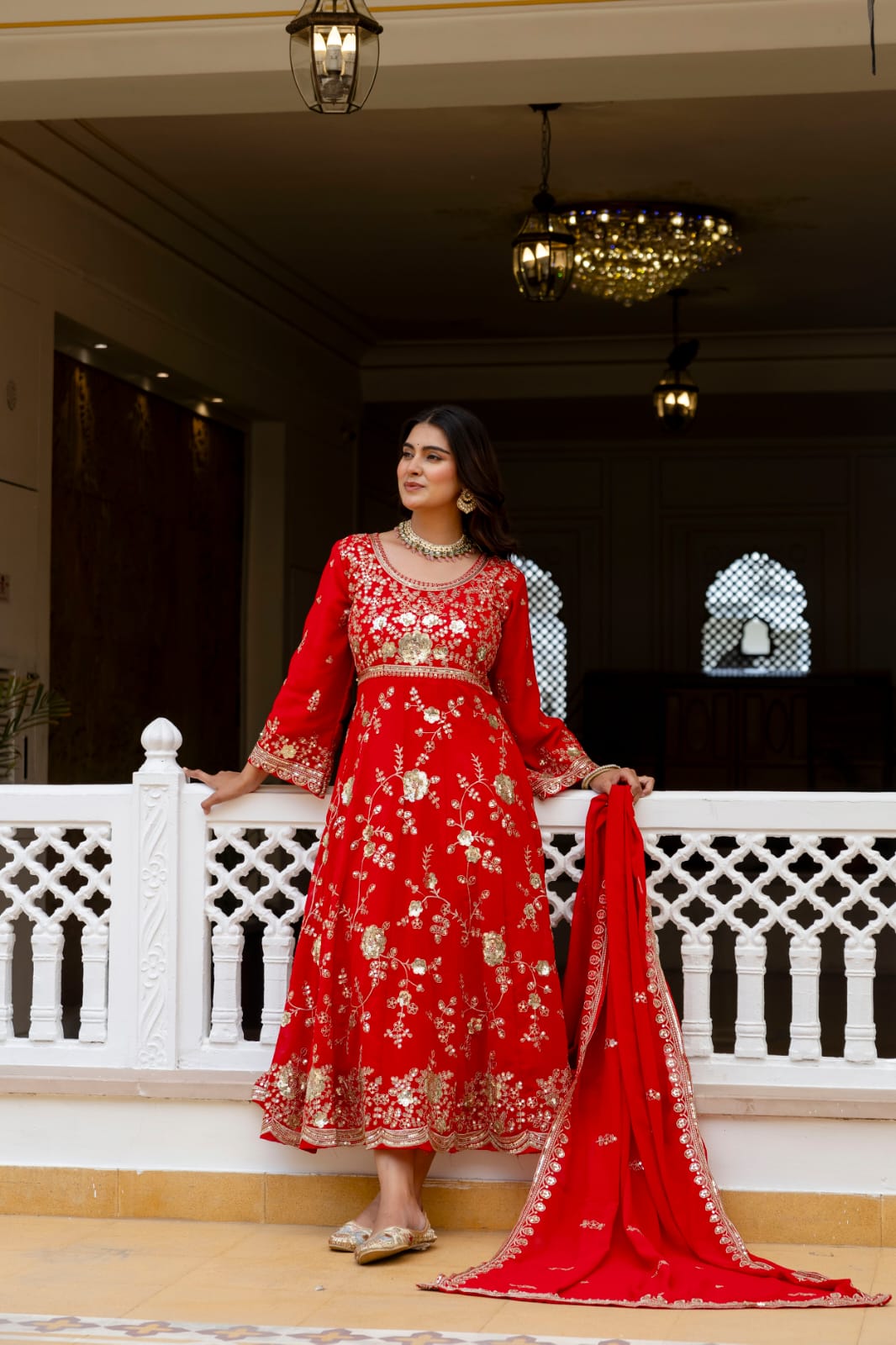 Women's Gown Set in Red Blooming Georgette with Sequin Embroidery