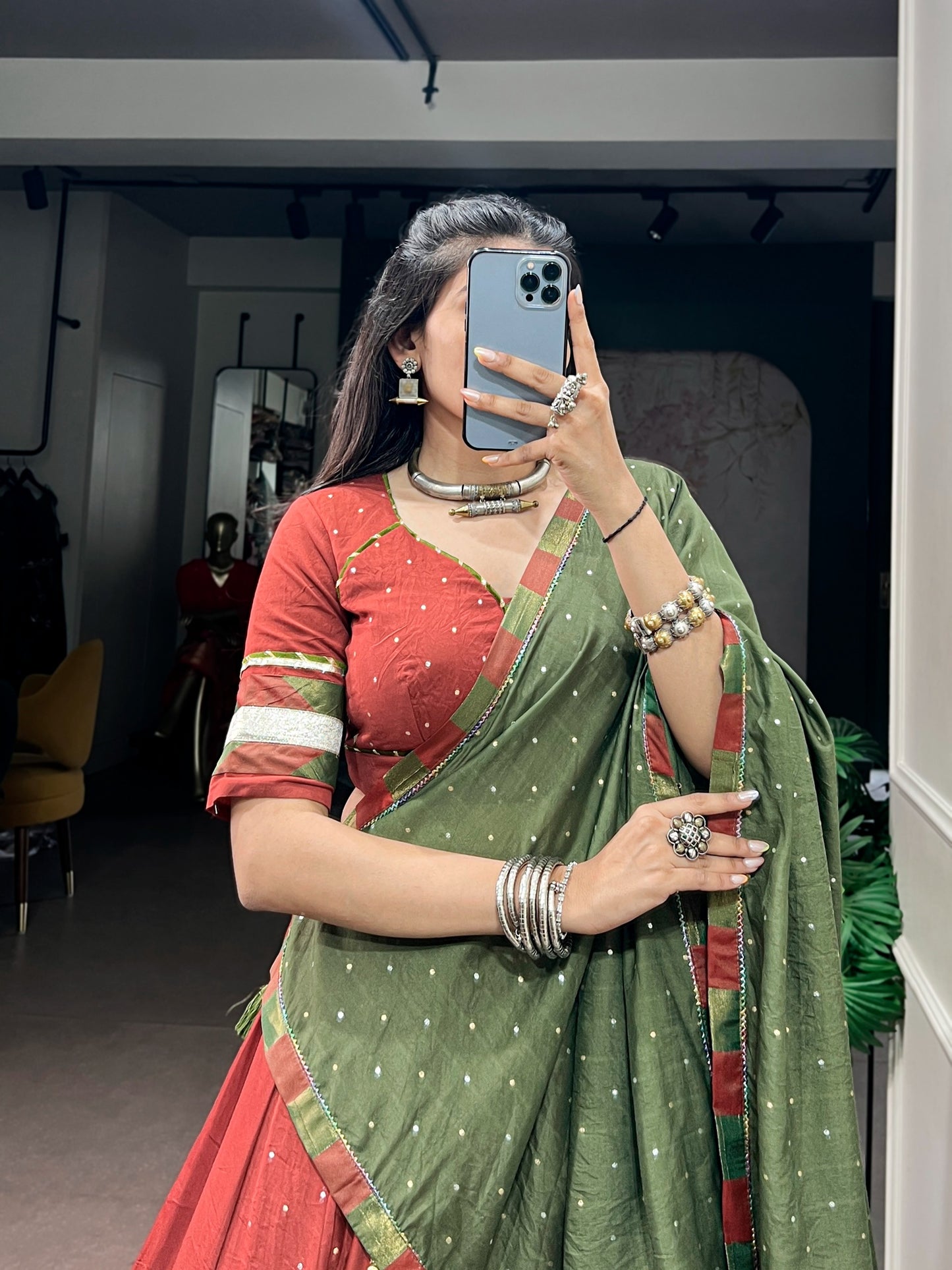 Women's Navratri Lehenga Choli in Rust Red & Olive Green Pure Chanderi with Zari Butti Weaving