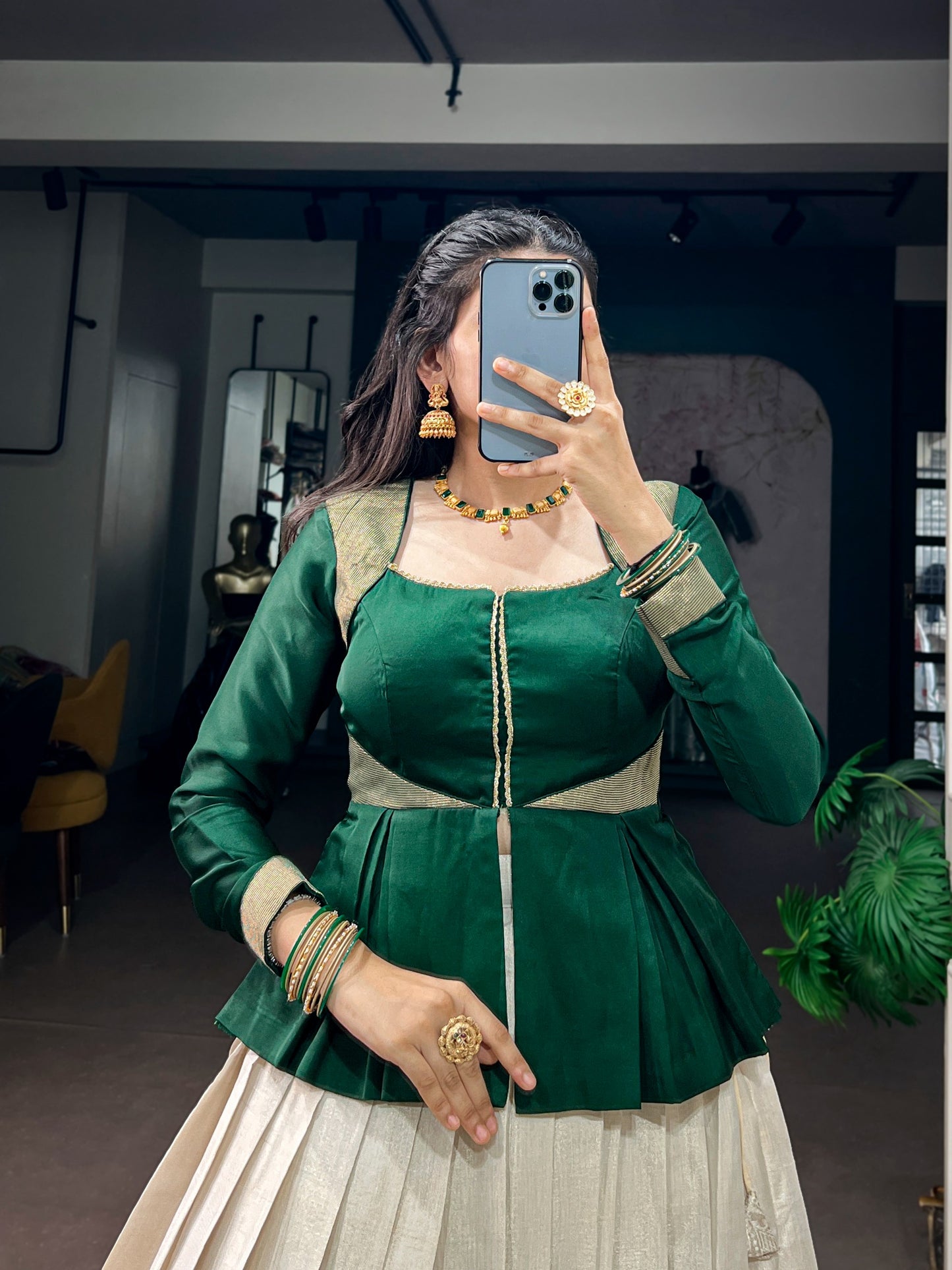 Women's Lehenga Set in Off-White Kanchipuram Silk with Zari Woven Border and Emerald Green Satin Silk Top