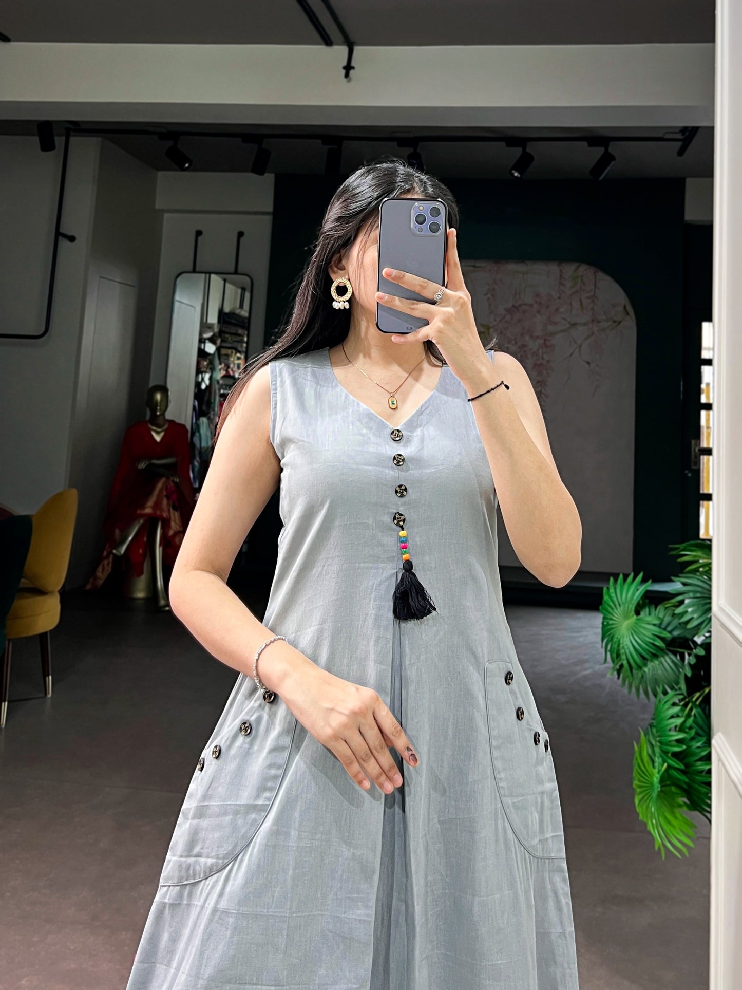 Women's A-Line Kurti in Light Grey Khadi Cotton with Wooden Button Detailing