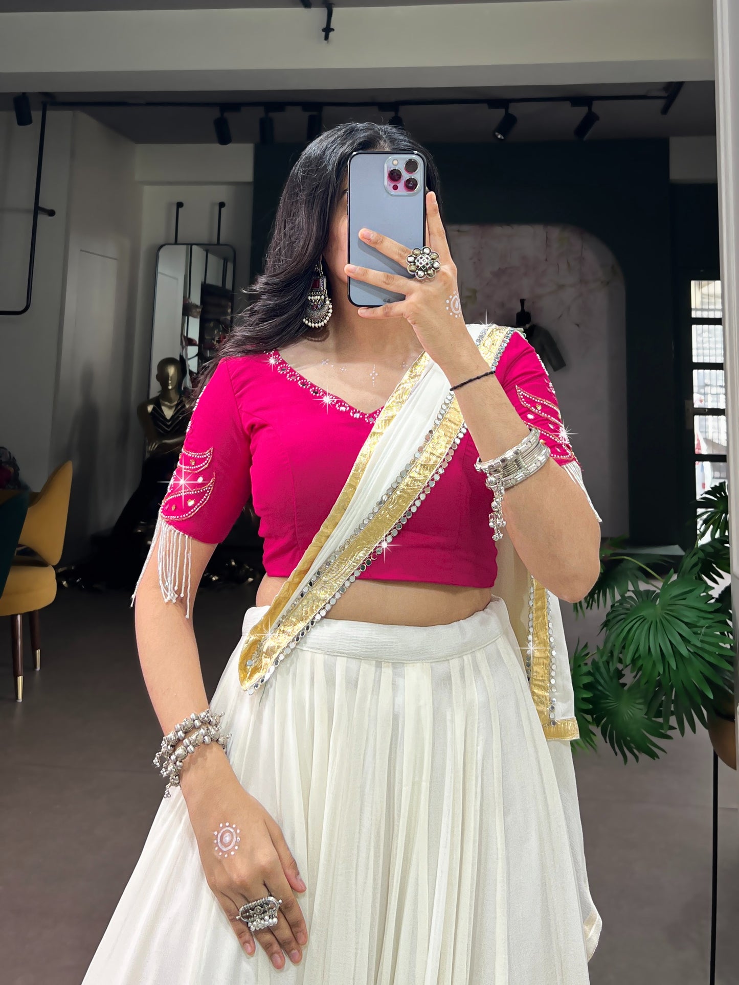 Women's Lehenga Choli in Off White Lightweight Fabric with Real Mirror Work
