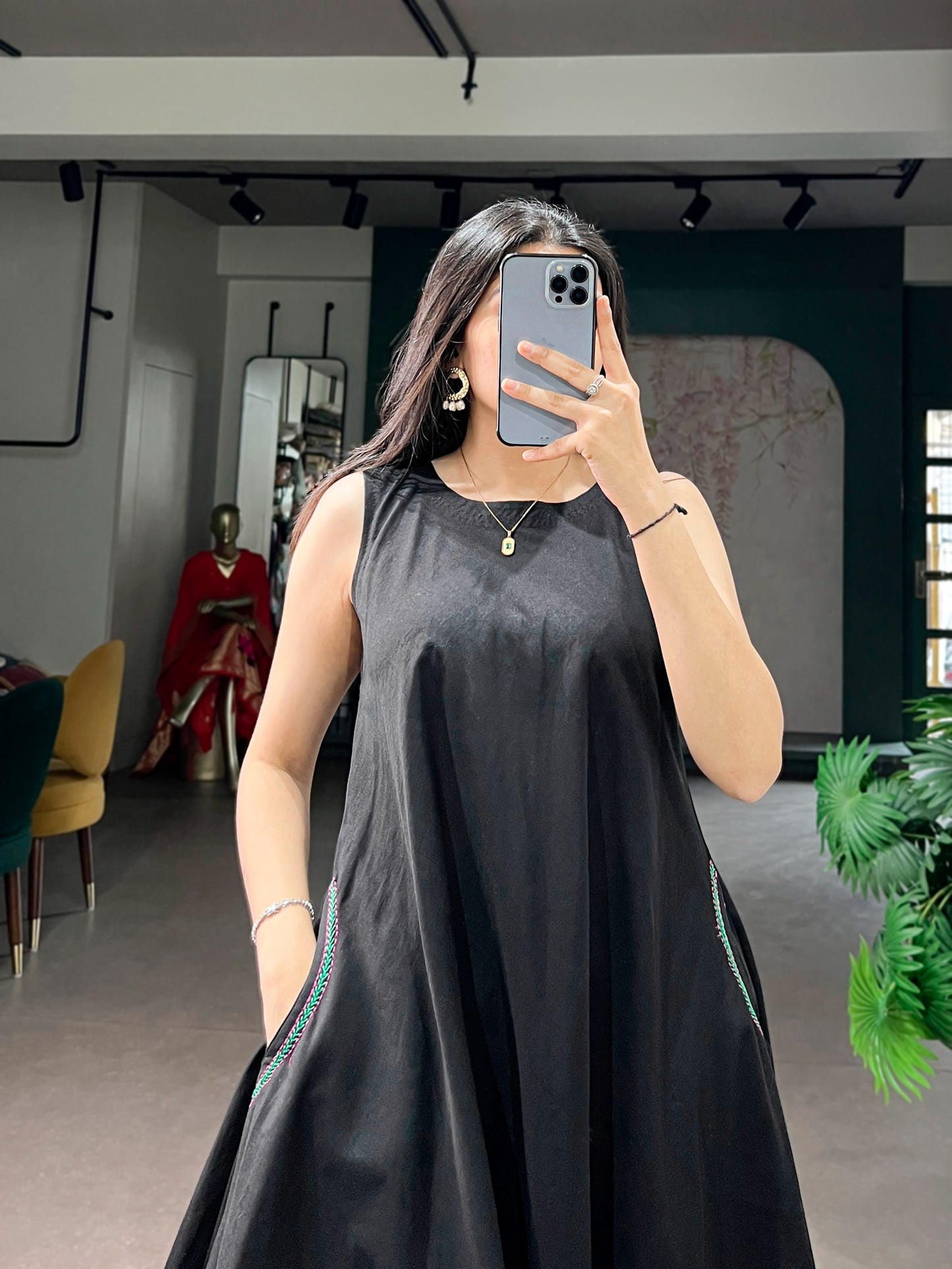 Women's A-Line Dress in Black Premium Khadi Cotton with Thread Detailing and Side Pockets
