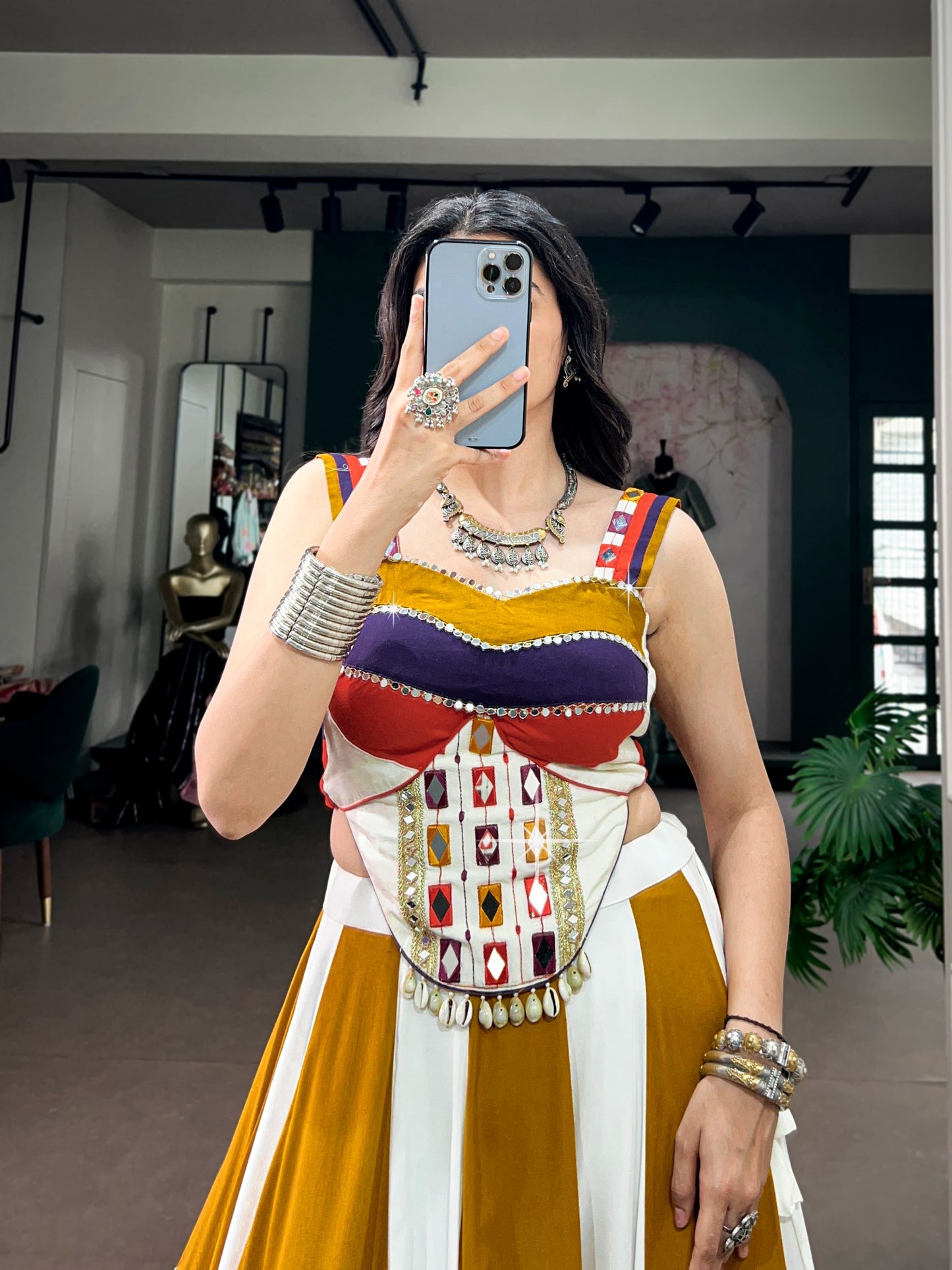 Women's Lehenga Choli in Multi-Color Soft Rayon with Mirror Work and Gota Patti Lace