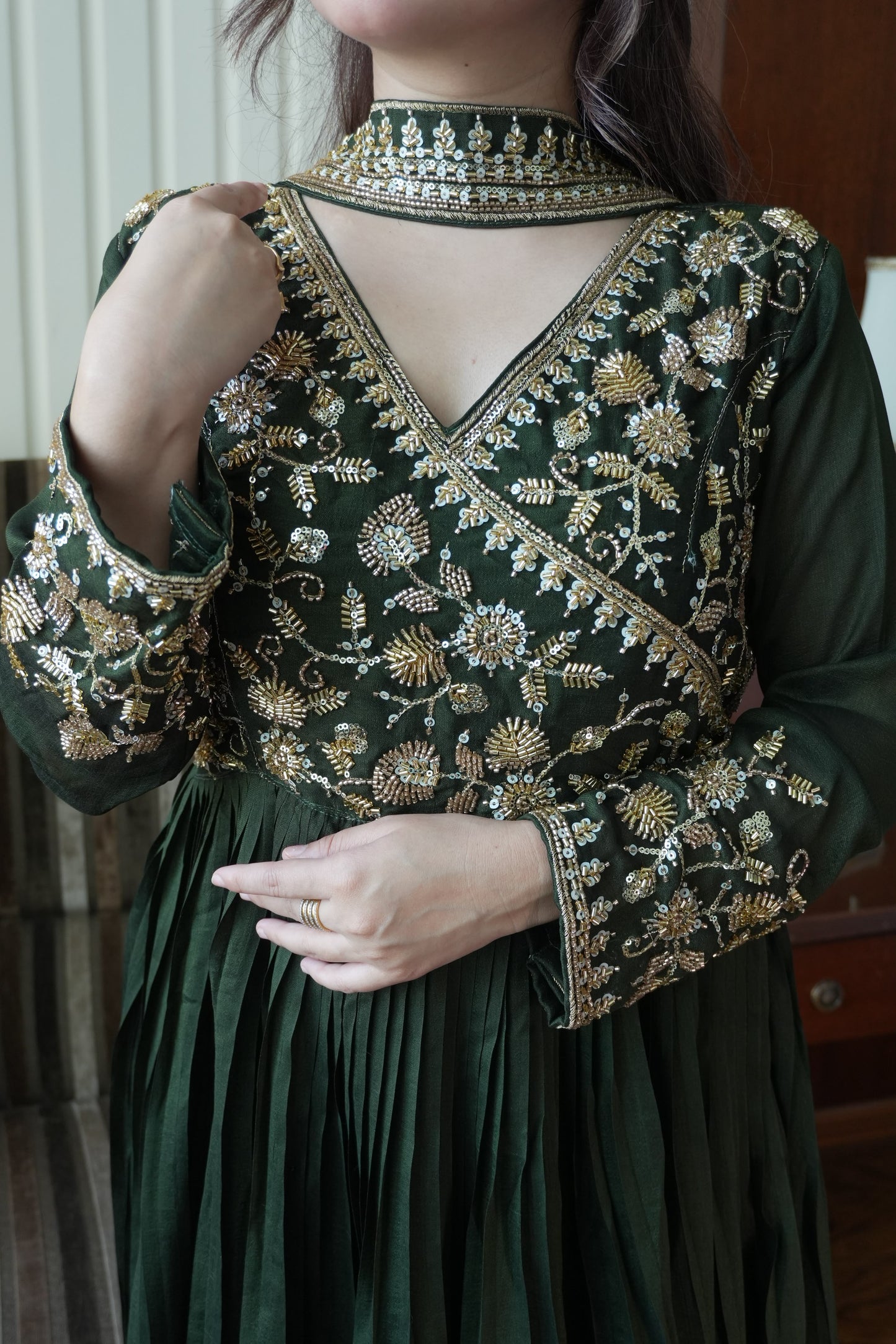 Women's Anarkali Gown in Green Blooming Vichitra with Beads and Sequin Embroidery