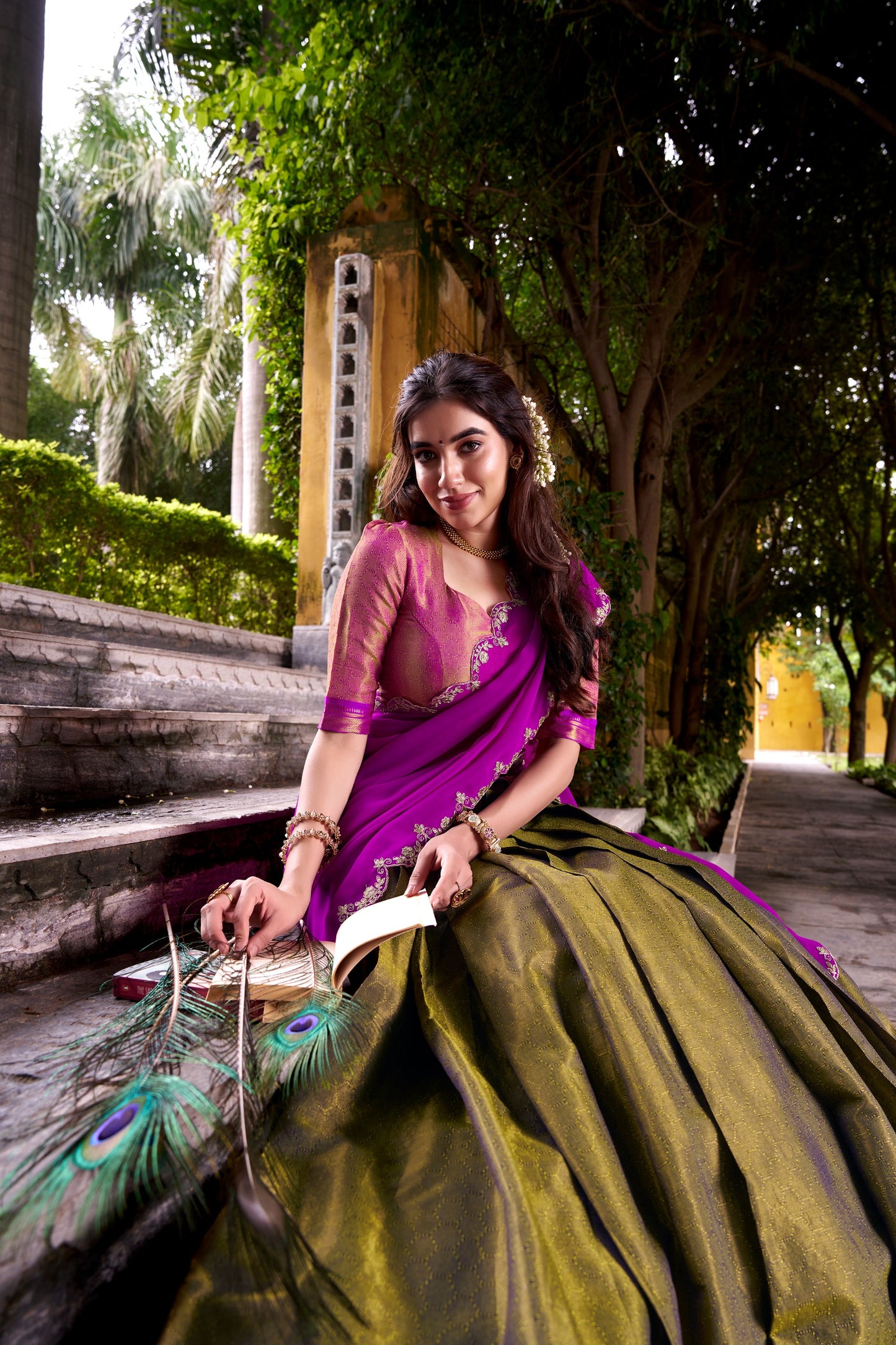 Women's Kanchipuram Silk Lehenga Set in Assorted Colors with Zari Weaving