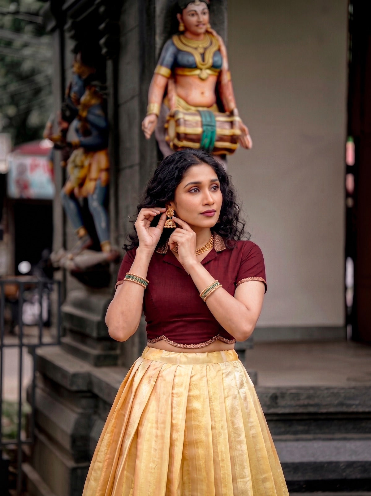 Women's Onam Pavada Set in Gold Kanchipuram Silk with Zari Weaving
