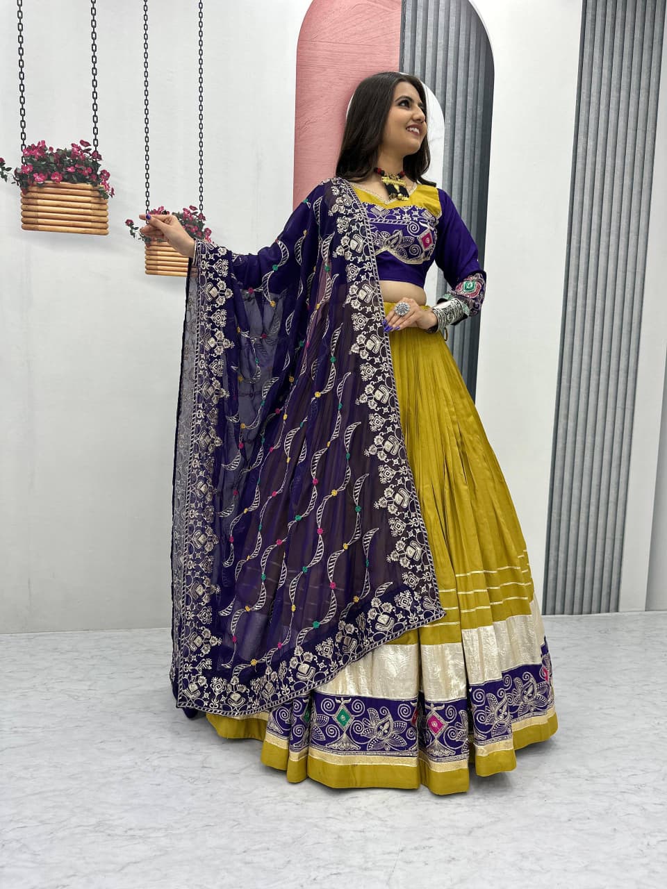 Women's Navratri Lehenga Choli in Mustard Yellow Pure Cotton with Thread and Sequin Embroidery