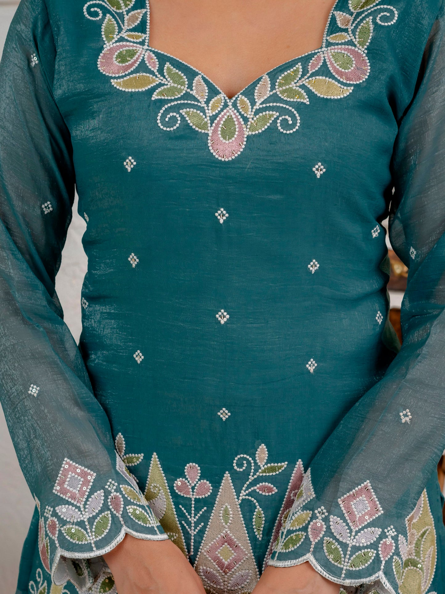 Women's Party Wear Kurta Set in Teal Heavy Crunchy Silk with Sequin Embroidery