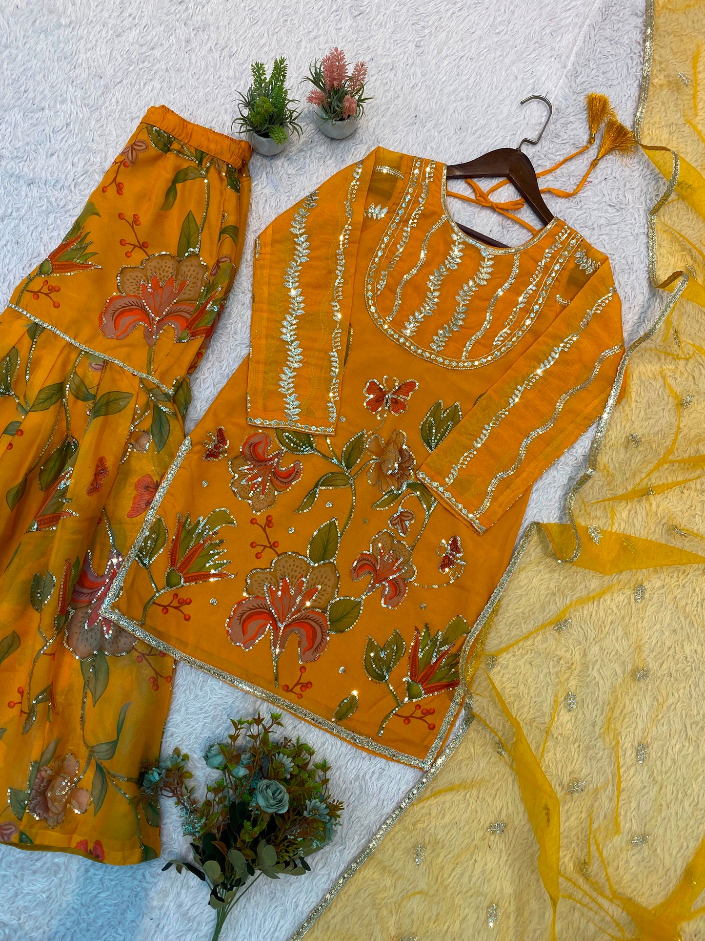 Women's Sharara Suit Set in Mustard Yellow Soft Organza with Sequin Embroidery