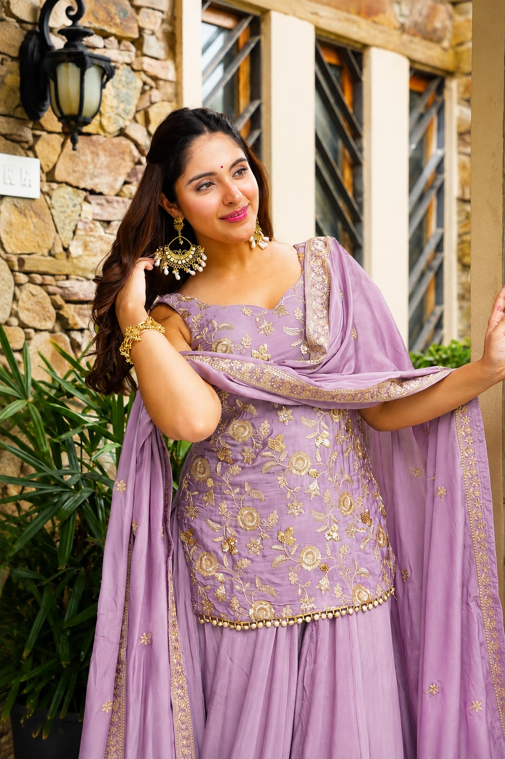Women's Sharara Suit Set in Lavender Diamond Silk with Sequins Zari and Thread Embroidery