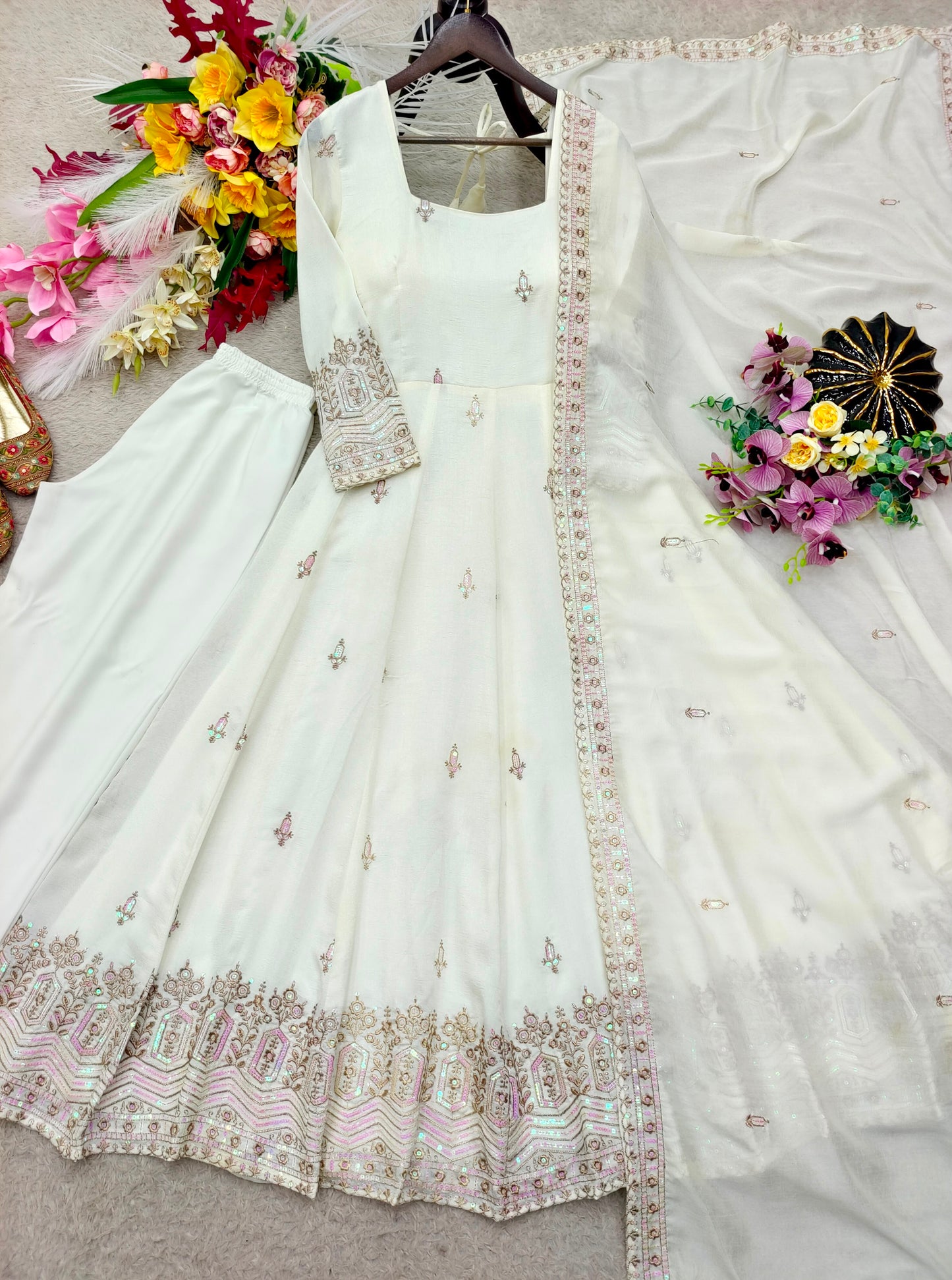 Women's Anarkali Gown Suit Set in Assorted Colors Pure Chinon Silk with Sequins Embroidery