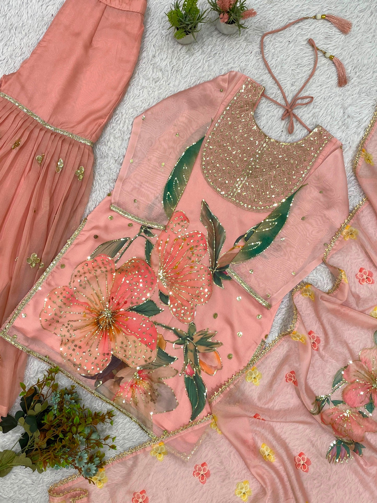 Women's Sharara Suit Set in Blush Pink Printed Soft Organza with Sequin Embroidery