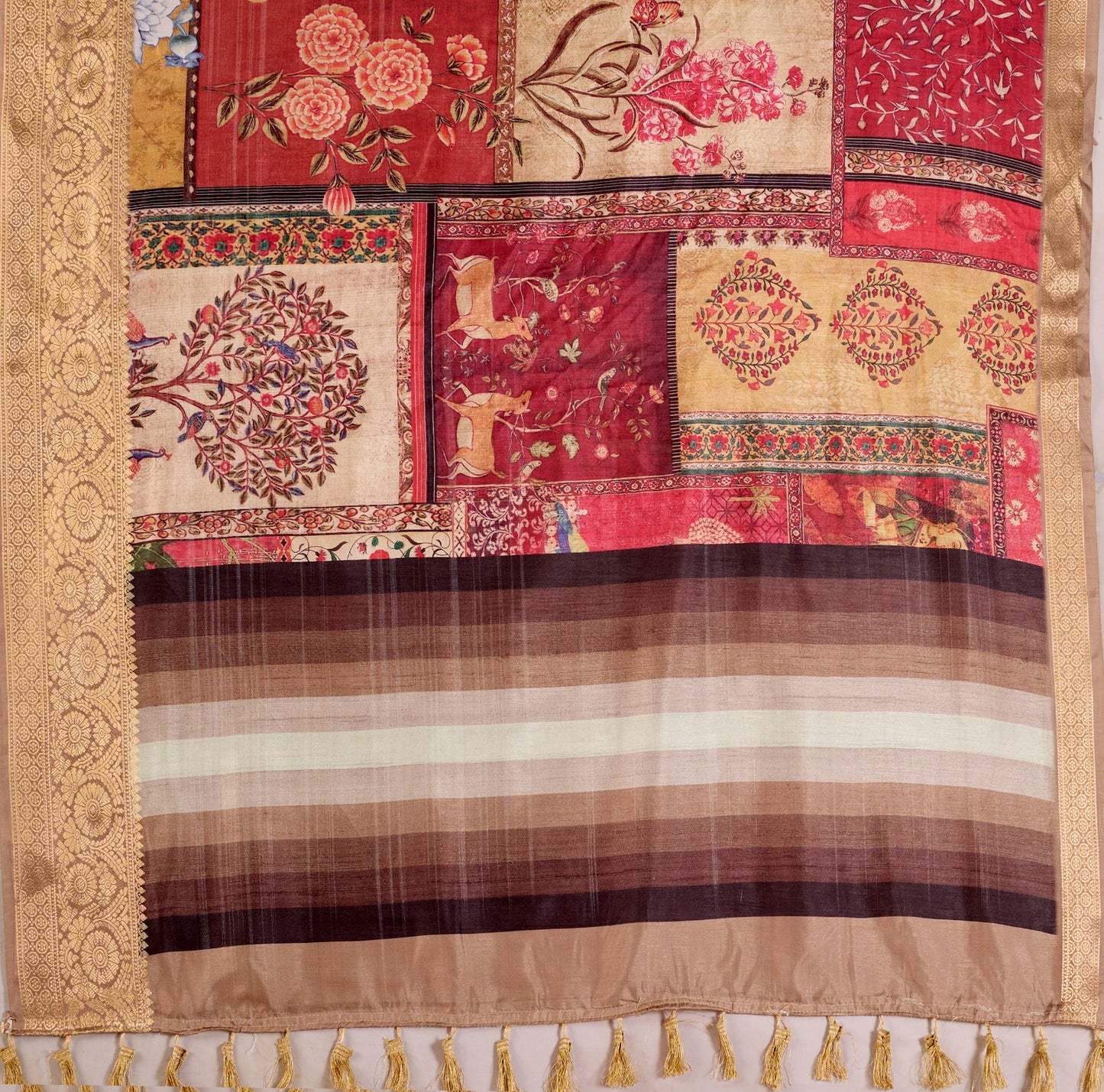 Women's Lichi Silk Saree in Beige Multi-Color with Tribal Art Print and Rich Zari Border