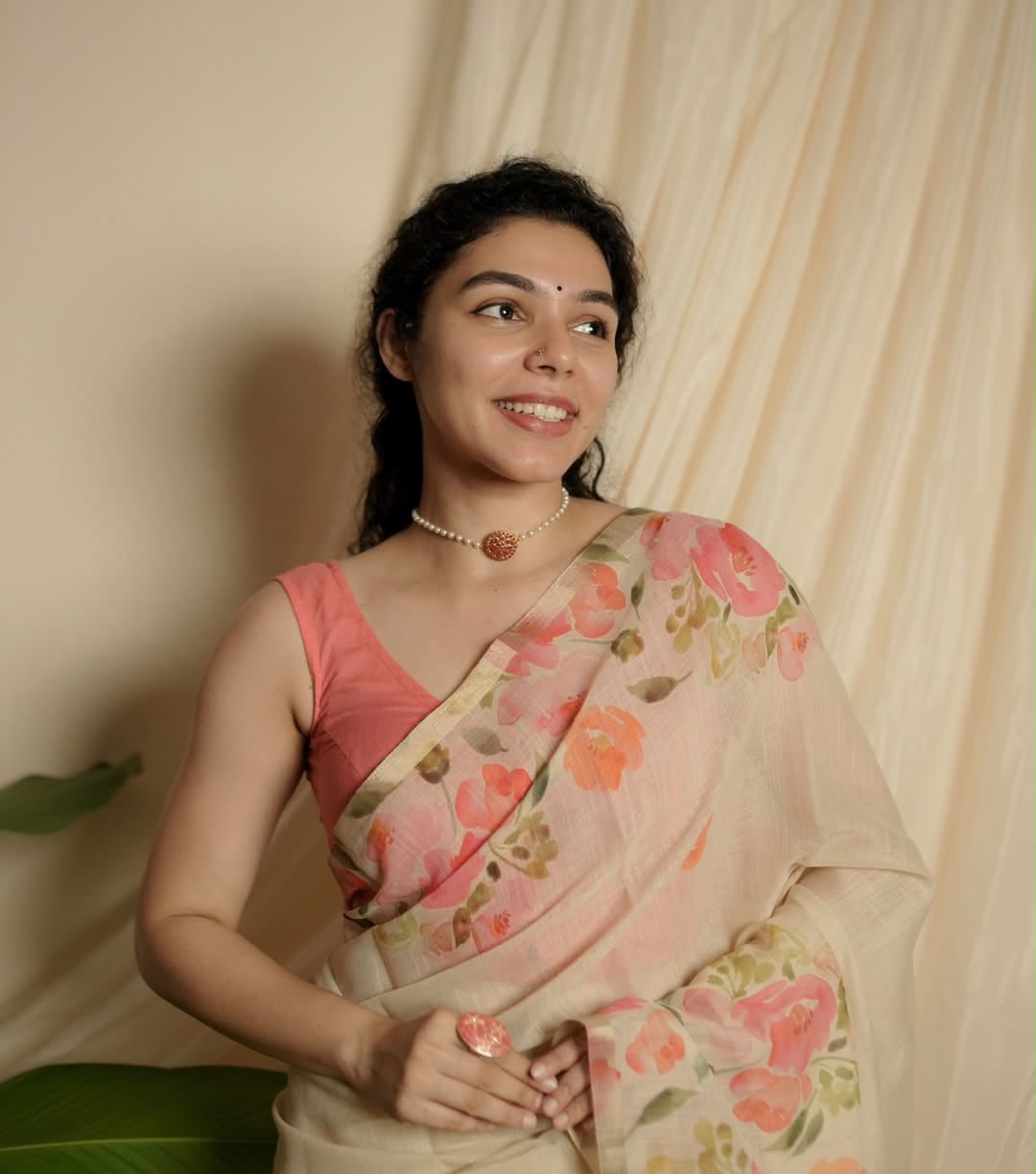 Women's Linen Cotton Saree in Ivory with Gold Patti Weaving and Floral Digital Print