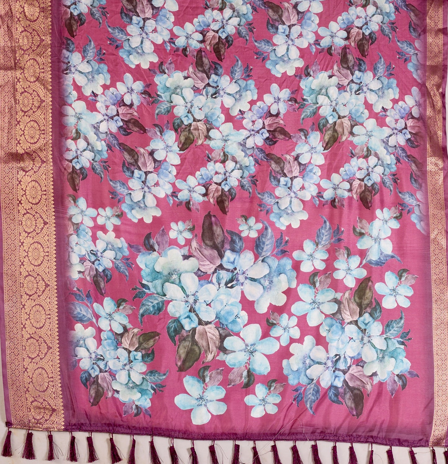 Women's Saree in Purple Soft Lichi Silk with Floral Print and Zari Woven Border