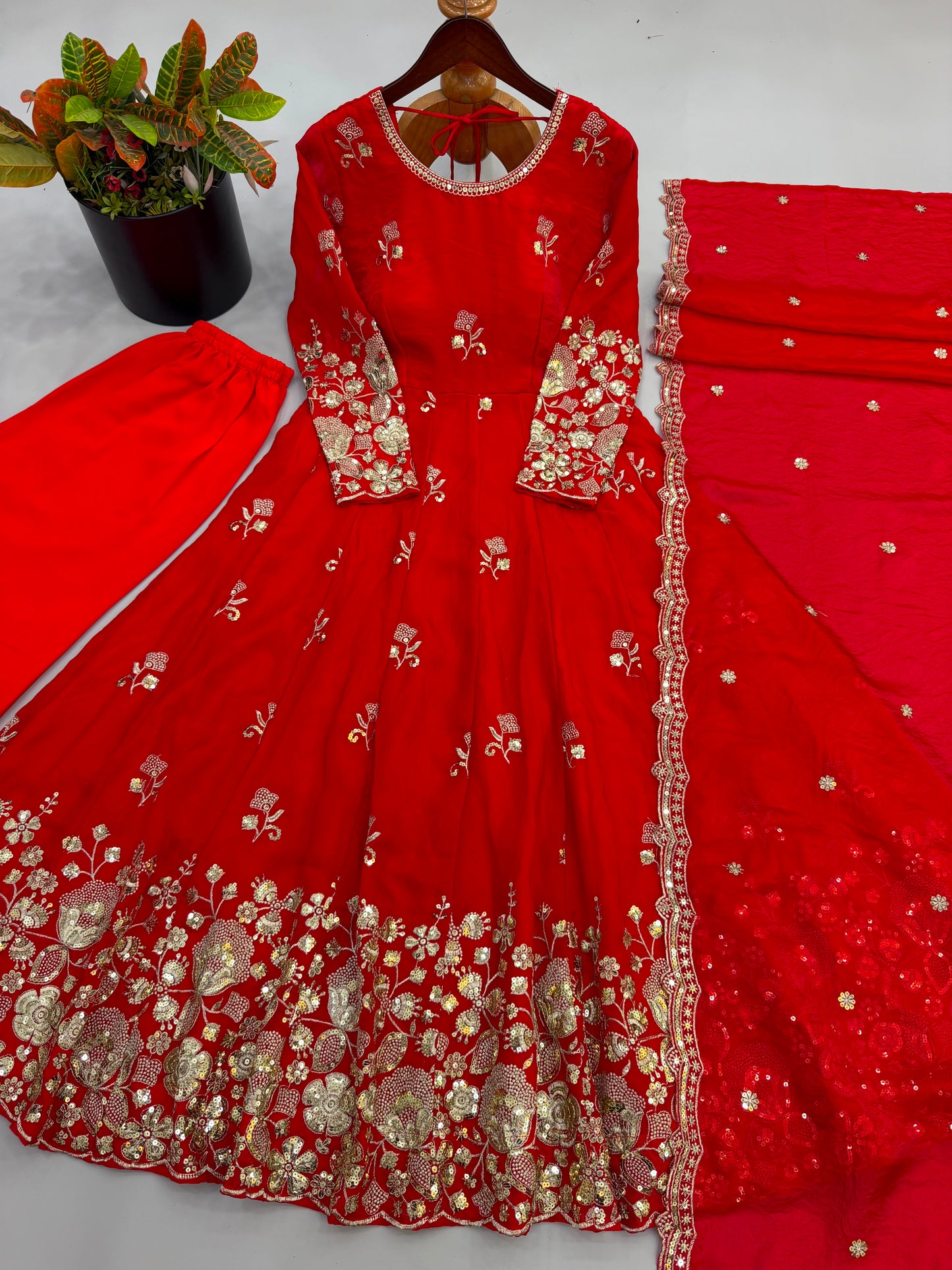 Women's Gown Set in Red Fendy Silk with Sequin Embroidery