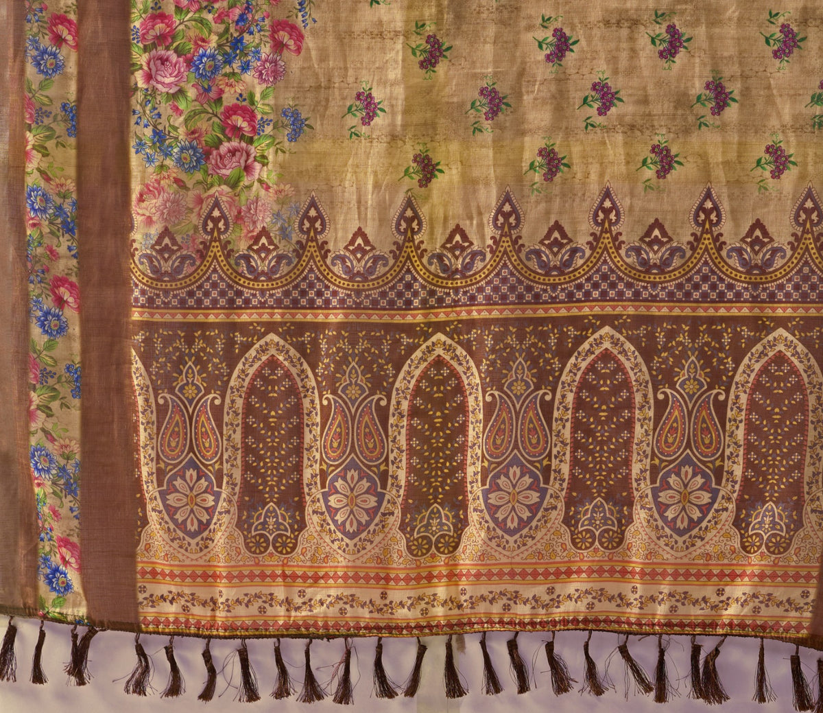Women's Linen Cotton Saree in Beige with Digital Floral Print and Woven Border