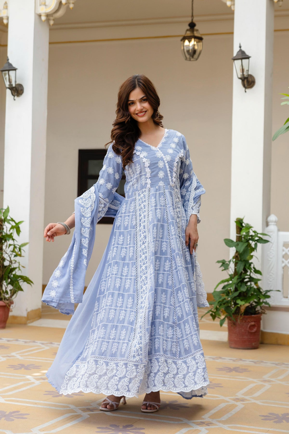 Women's Gown Set in Pink and Sky Blue Pure Mal Cotton with Lucknowi Work
