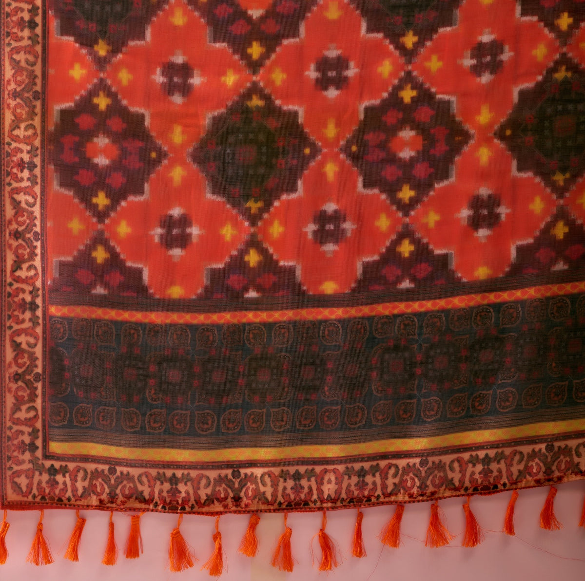 Women's Linen Cotton Saree in Coral with Ikat Digital Print and Patola Style Border