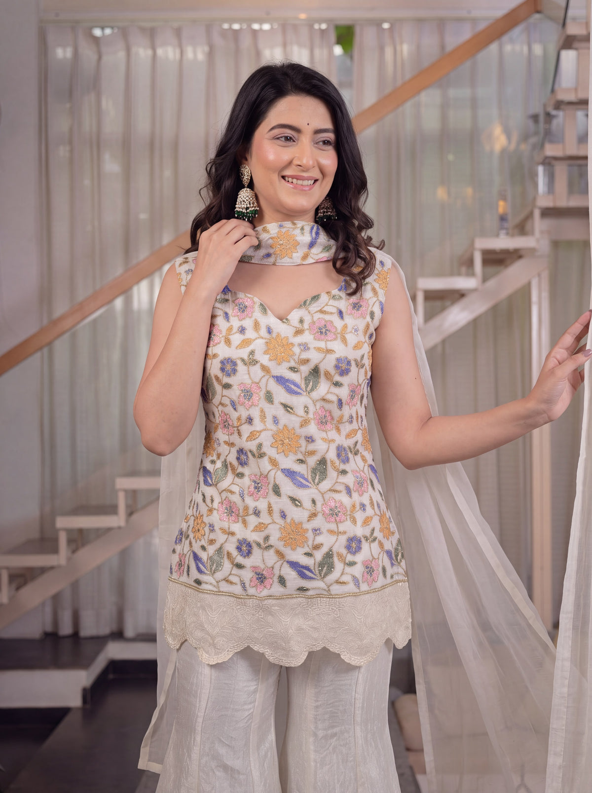 Women's SharWomen's Sharara Set in Cream Fendi Crush with Floral Embroidery
