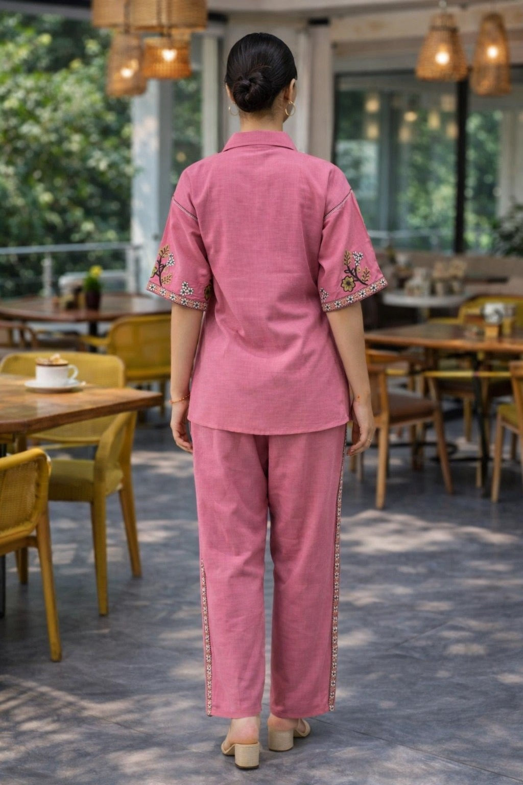 Women's Co-Ord Set in Light Pink Cotton Silk with Multi-Thread Embroidery