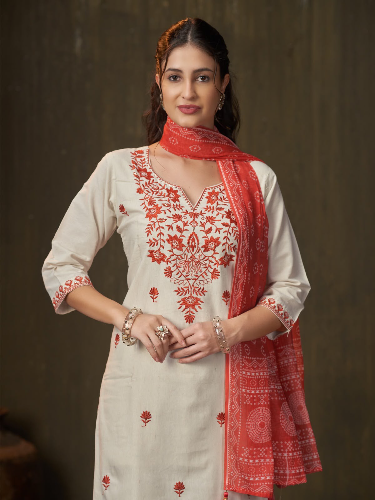 Women's Kurti Pant Dupatta Set in Ivory Khadi Cotton with Rust Embroidery