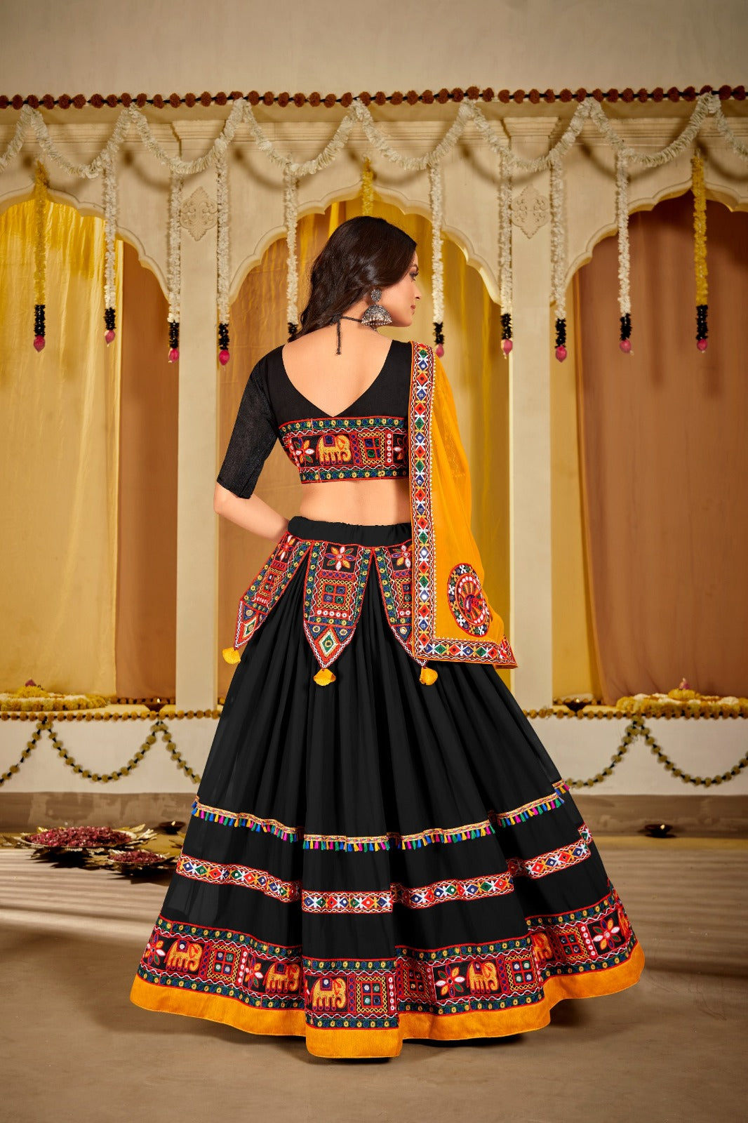Women's Chaniya Choli in Black Georgette with Kutchi Mirror Work