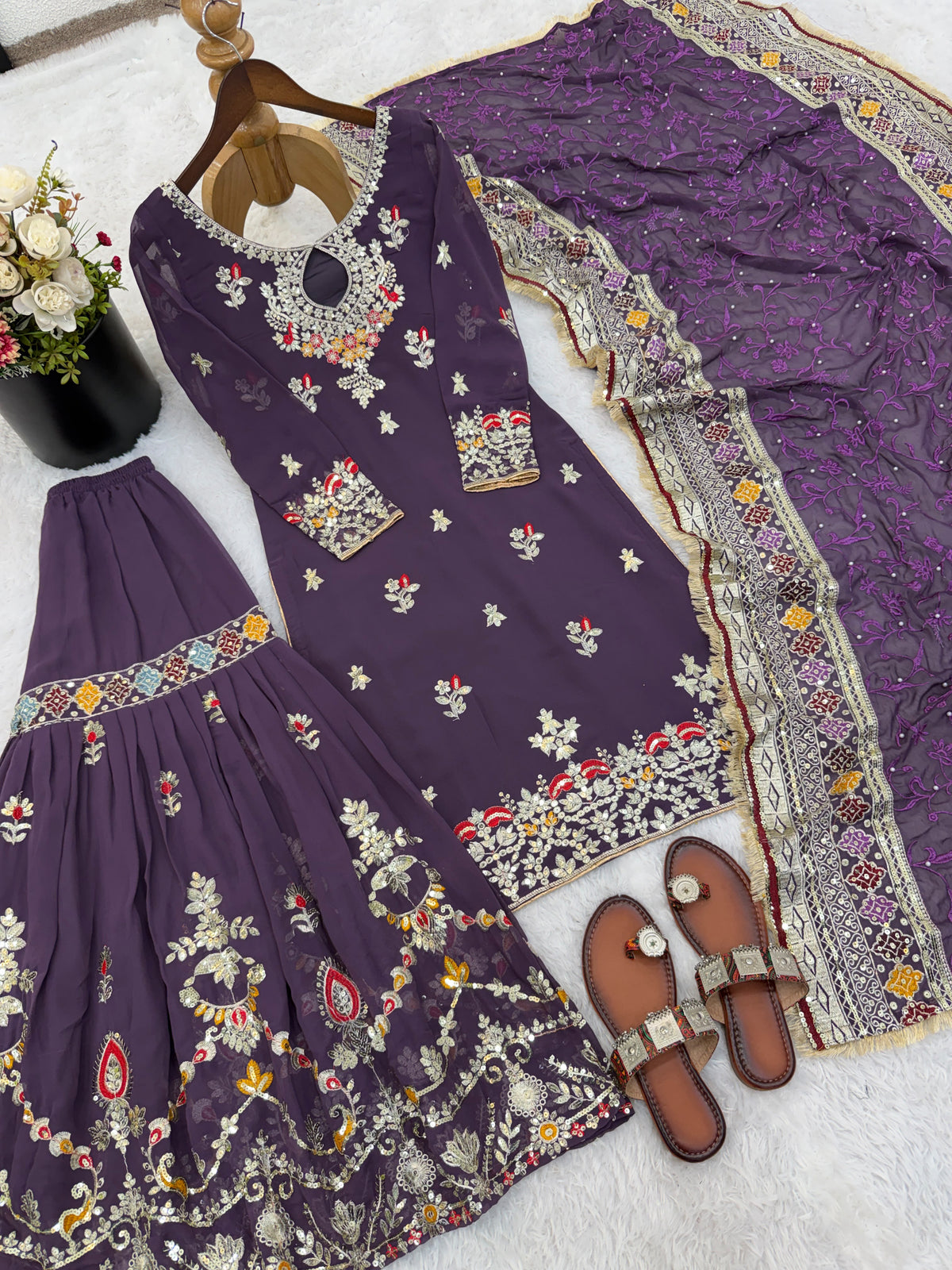 Women's Sharara Plazzo Set in Purple Faux Georgette with Sequin Embroidery