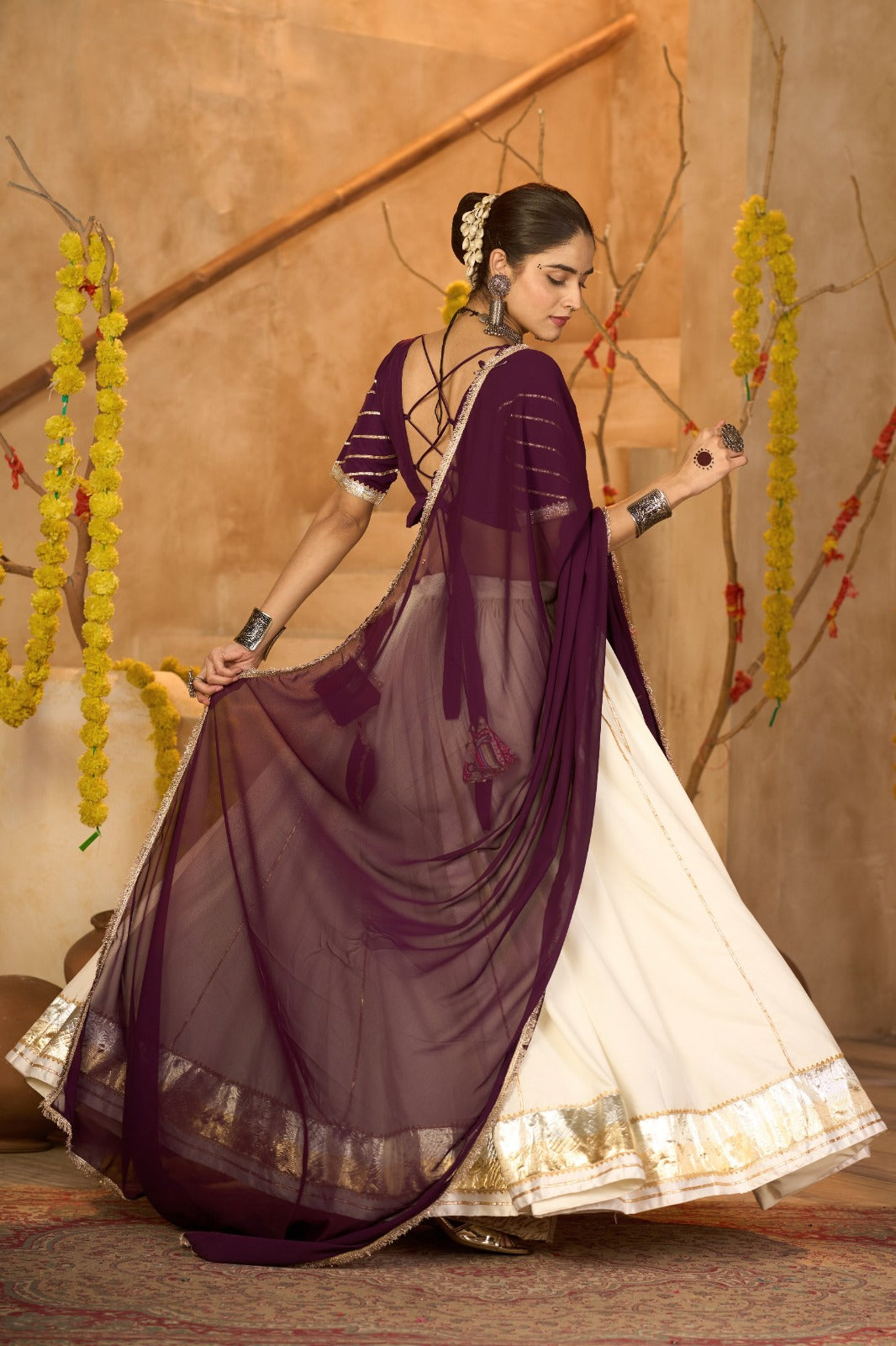 Women's Chaniya Choli in Off White Crepe with Gota Patti and Mirror Work
