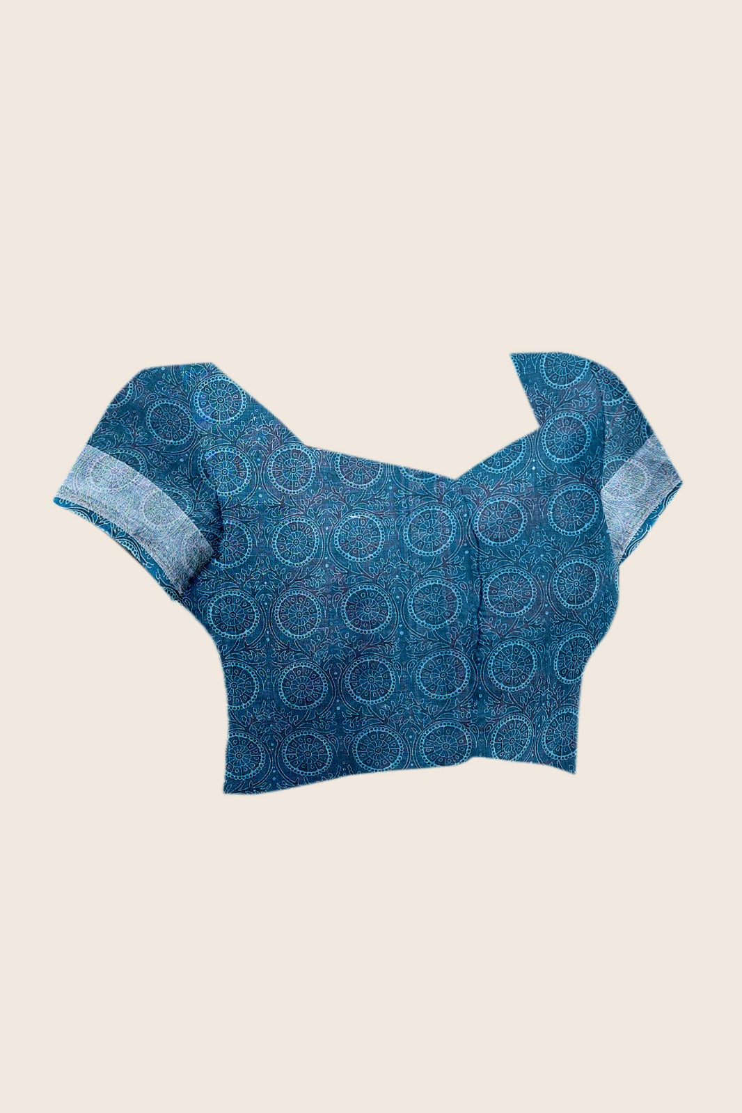Women's Linen Cotton Saree in Teal Blue with Traditional Digital Print and Contrast Border