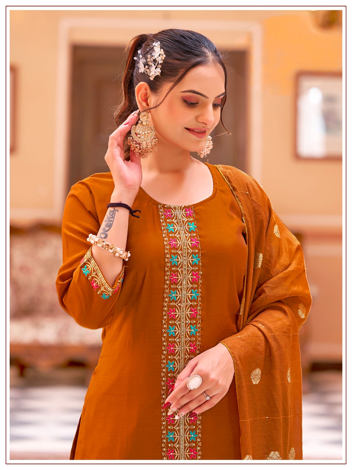 Women's Kurti Palazzo Dupatta Set in Assorted Colors Mul Chanderi with Heavy Embroidery