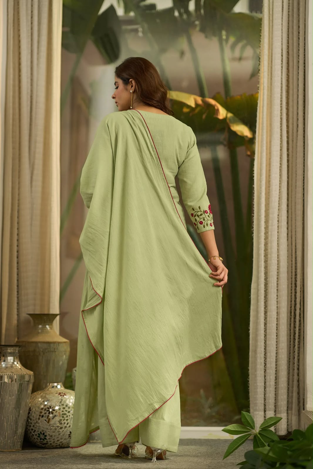 Women's Farshi Salwar Suit in Sage Green Mal Chanderi Cotton with Floral Needlework Embroidery