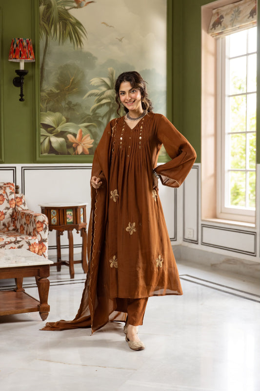 Women's 3 Piece Set in Brown Mul Chanderi with Floral Embroidery