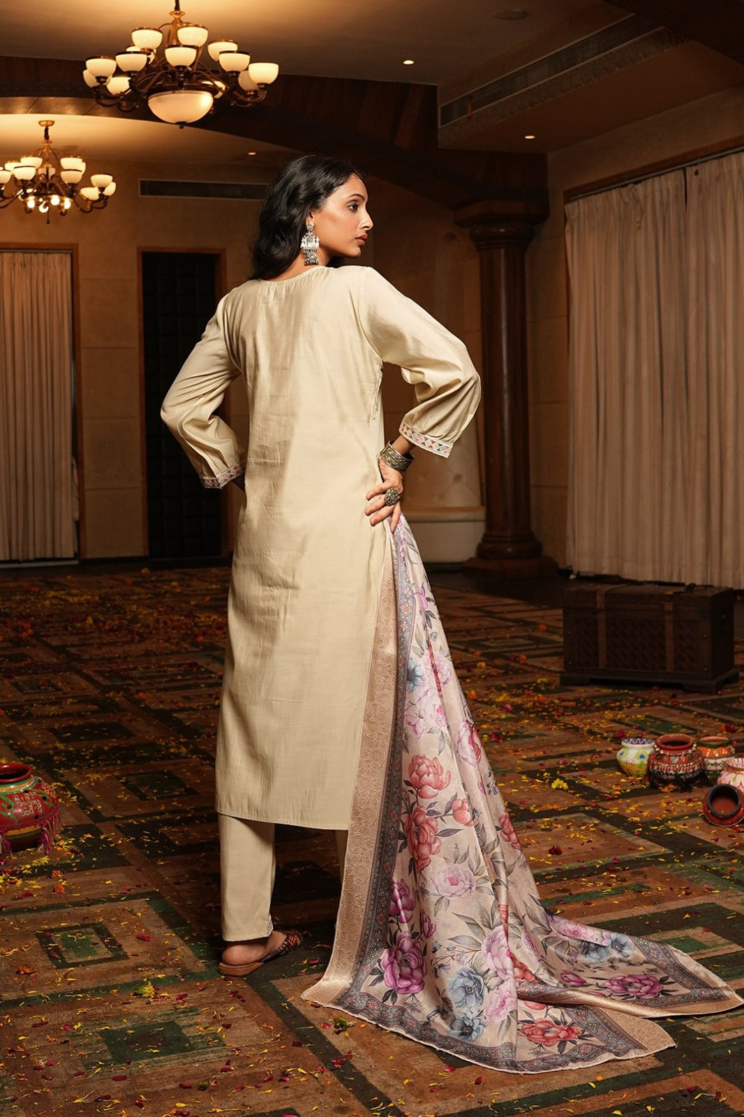 Women's Kurti Pant Set in Aqua Blue & Cream Cotton Silk with Hand Embroidery