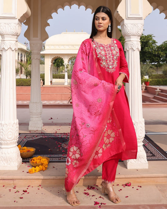 Women's Kurti Pant Set in Pink Cotton Silk with Hand Embroidery