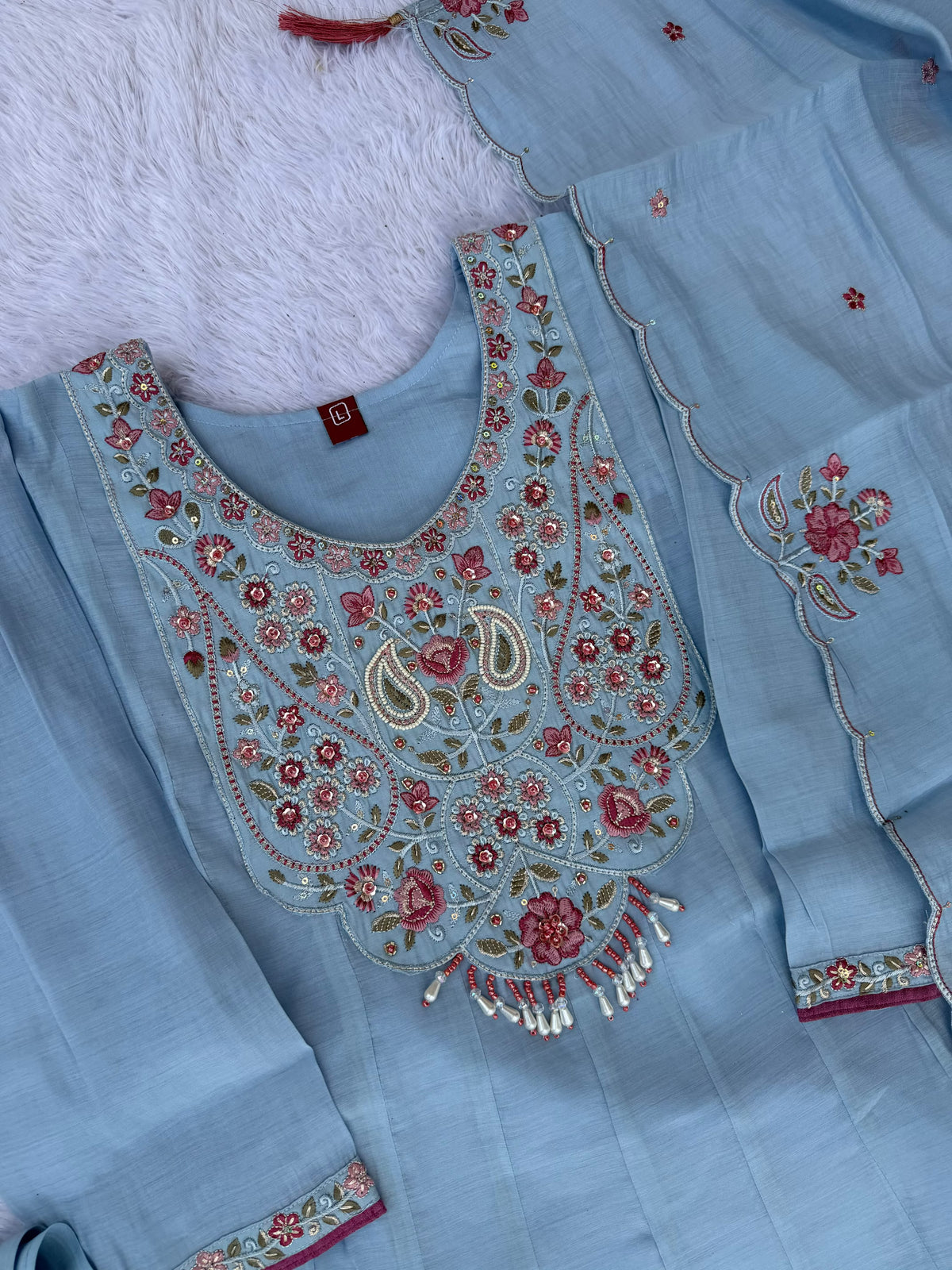 Women's Anarkali Kurti Set in Assorted Colors Mal Chanderi with Hand Embroidery