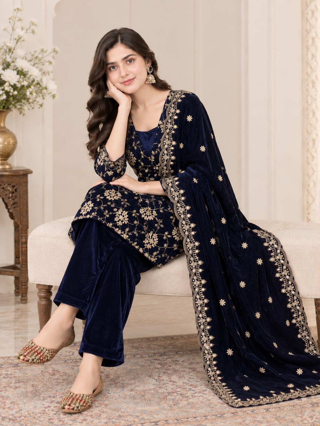 Women's Velvet Suit Pant Dupatta Set in Navy Blue with Gold Multi-Sequence Embroidery