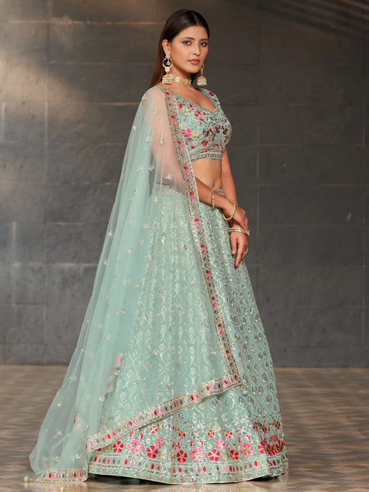Women's Lehenga Choli in Sky Blue Georgette with Mirror, Zari and Sequin Embroidery