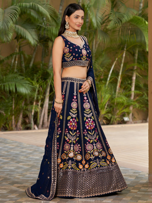 Women's Lehenga Choli in Navy Blue Georgette with Multicolor Floral Embroidery