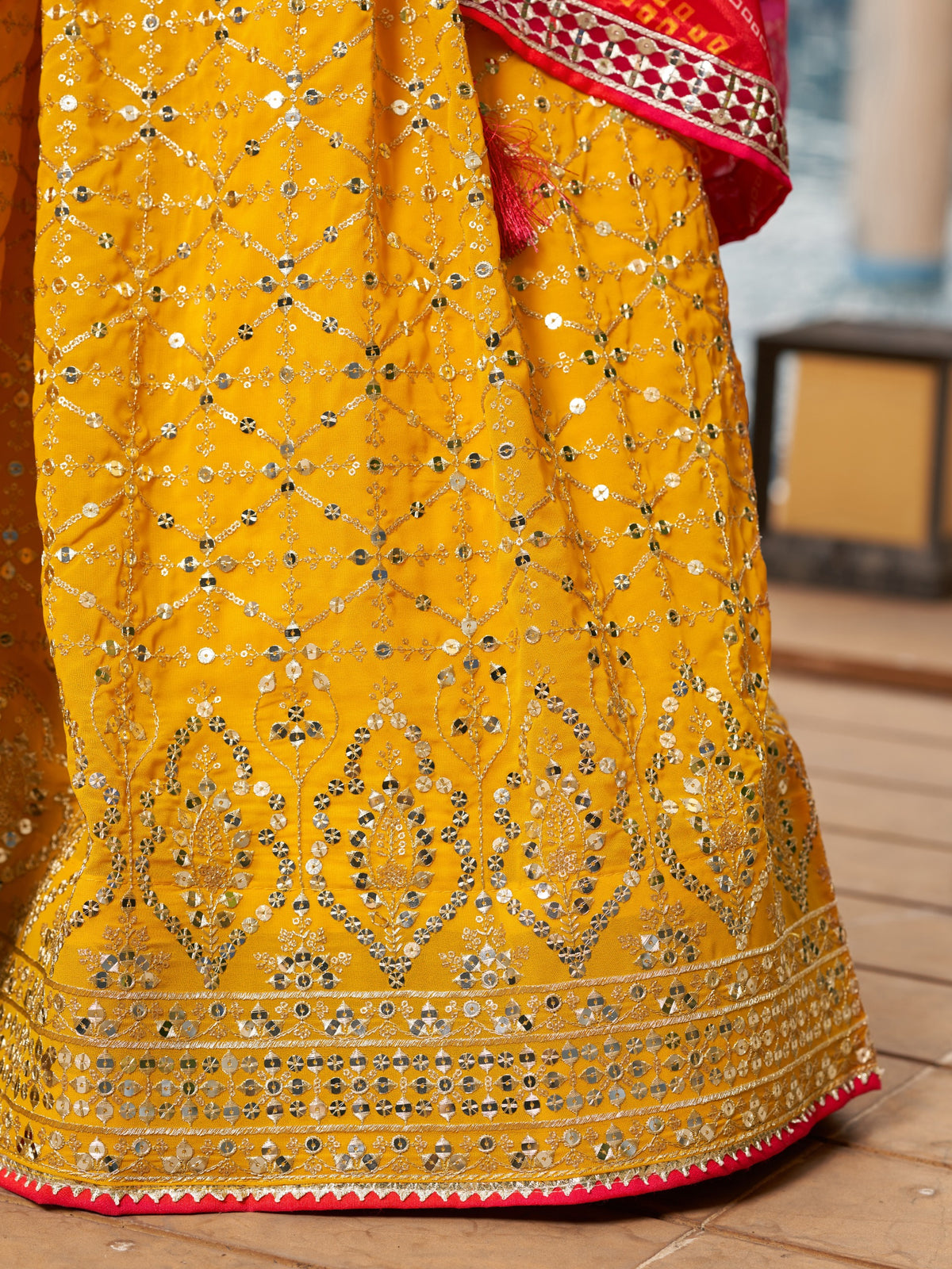Women's Lehenga Choli Set in Mustard Yellow Georgette with Zari and Sequin Embroidery
