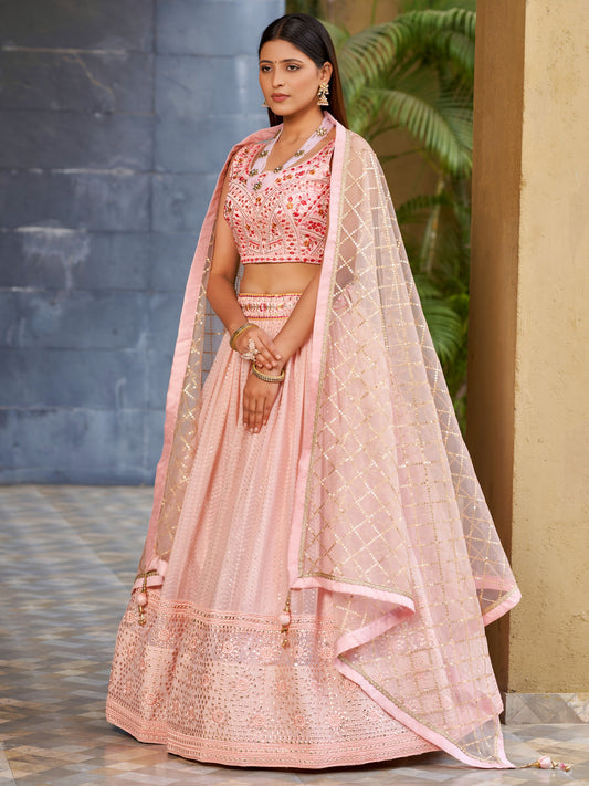 Women's Lehenga Choli Set in Blush Pink Georgette with Mirror, Zari and Sequin Embroidery