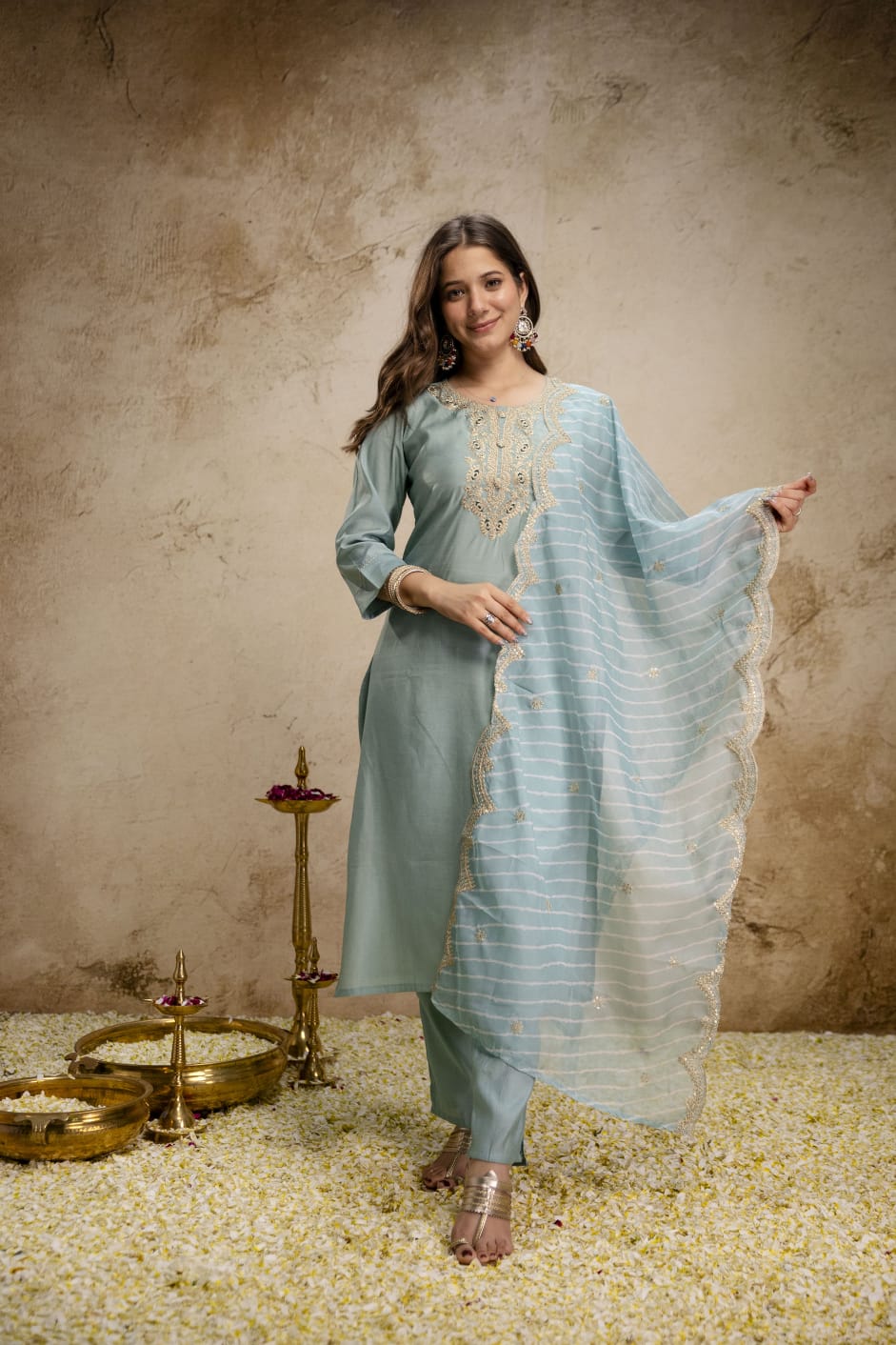 Women's Kurta Set in Powder Blue Viscose Chanderi with Sequin Cording Embroidery